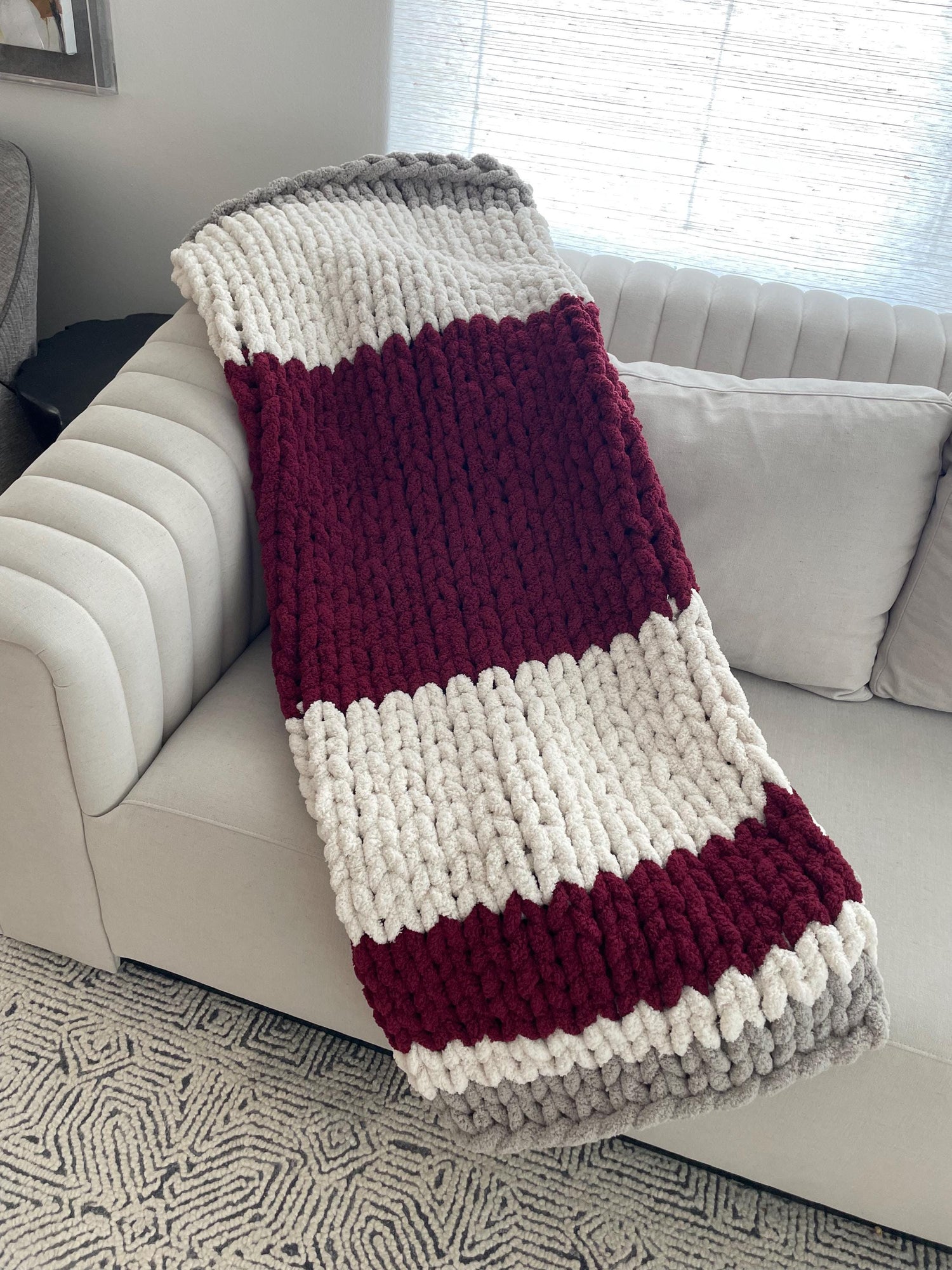 Chunky Chenille Striped Blanket Knitting Pattern: DIY Finger Knit Throw (PDF)