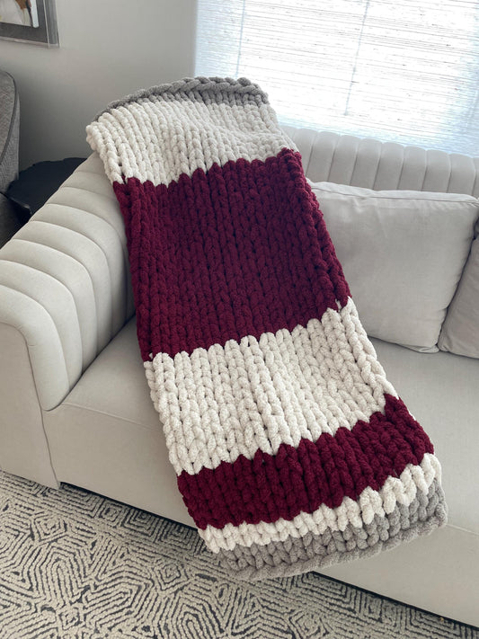 Chunky Chenille Striped Blanket Knitting Pattern: DIY Finger Knit Throw (PDF)