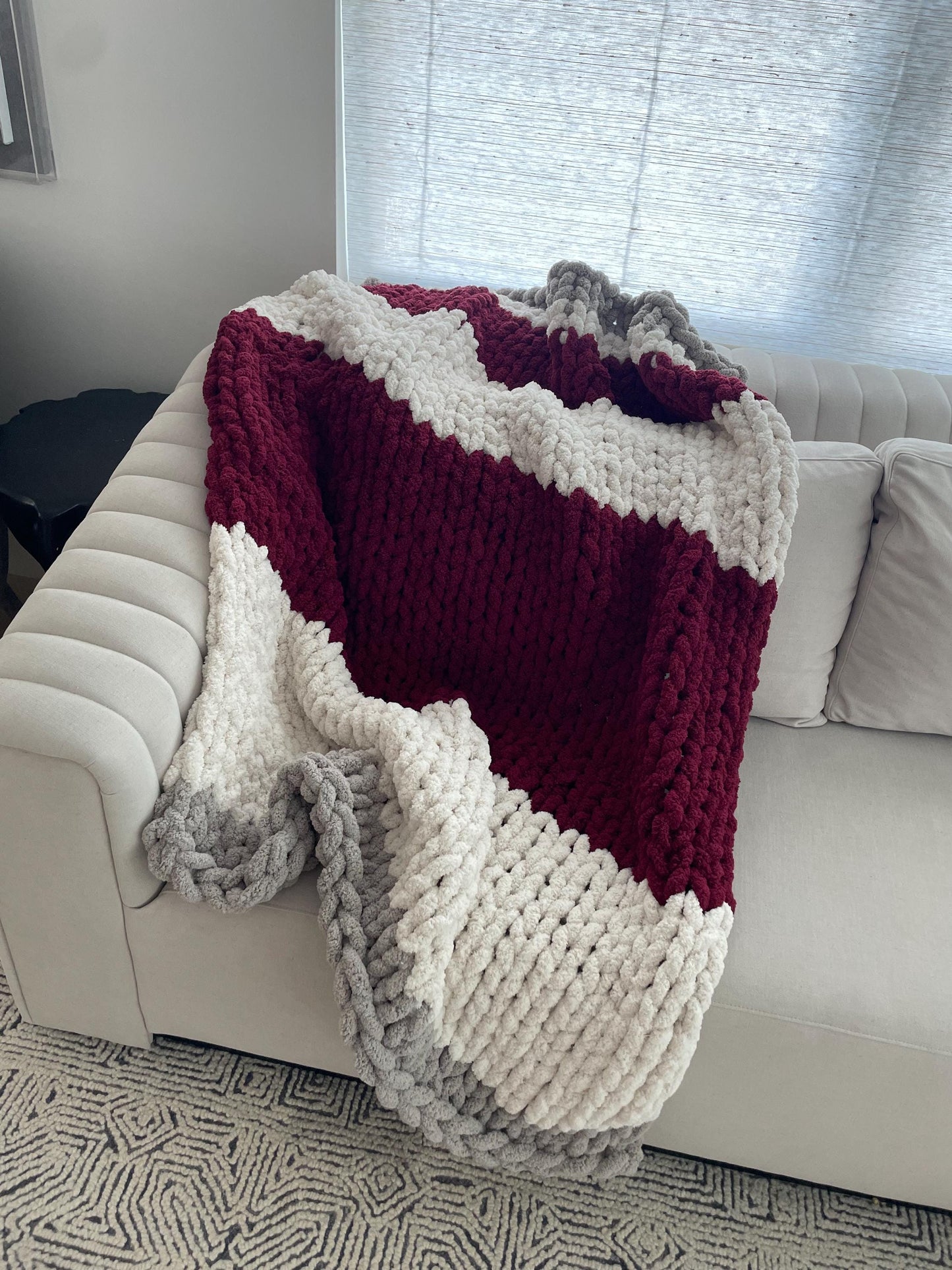 Chunky Chenille Striped Blanket Knitting Pattern: DIY Finger Knit Throw (PDF)