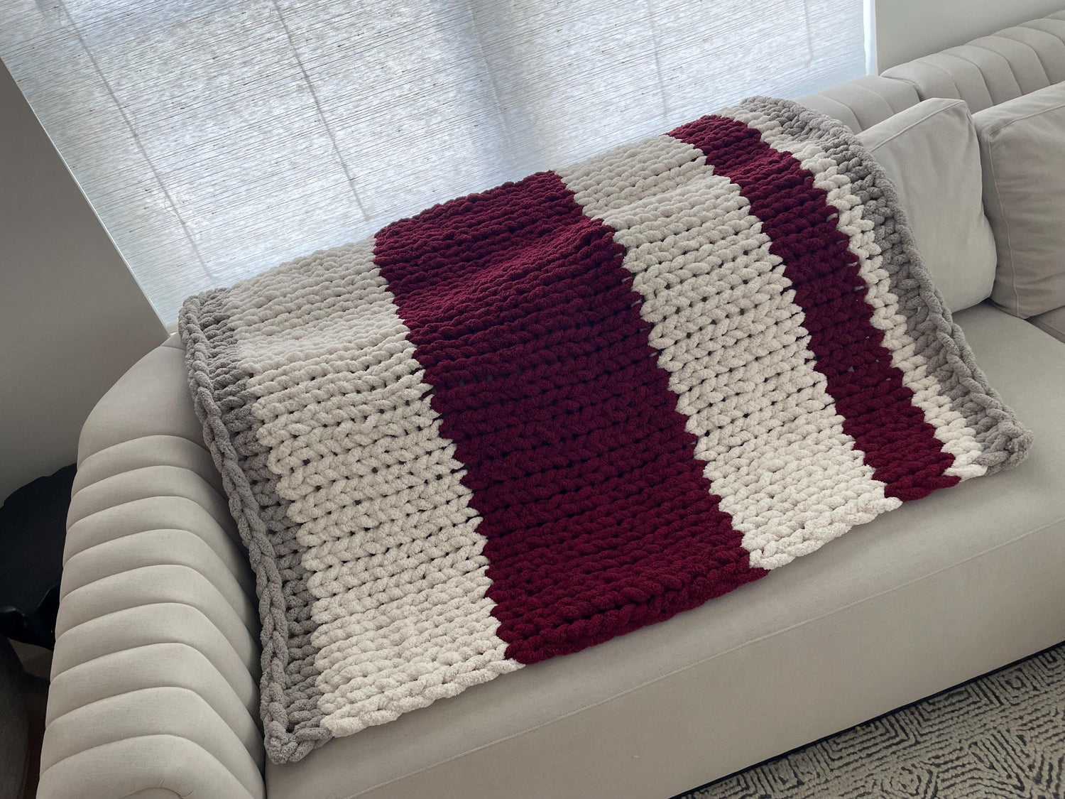 Chunky Chenille Striped Blanket Knitting Pattern: DIY Finger Knit Throw (PDF)
