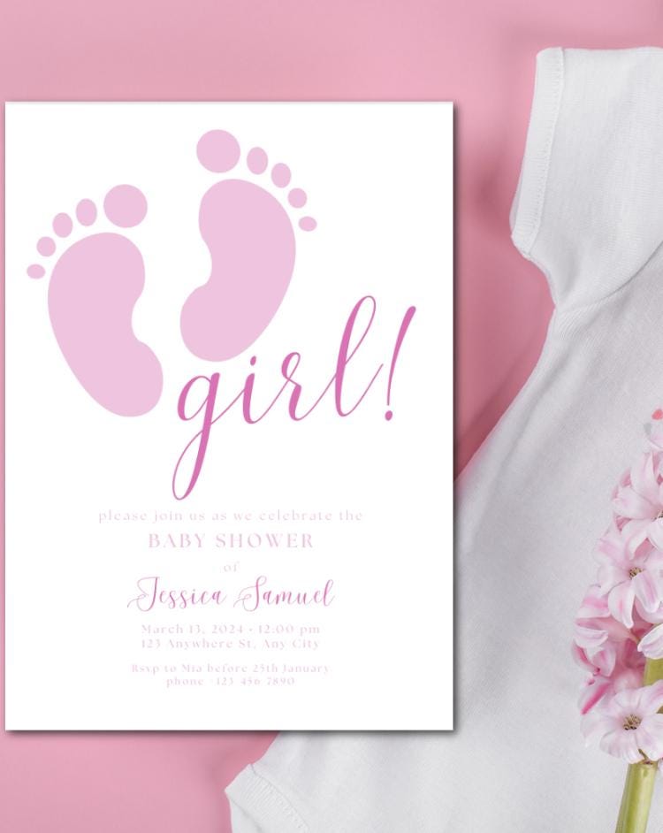 Pink Baby Feet Girl Baby Shower Invitation (Printable Editable Template)