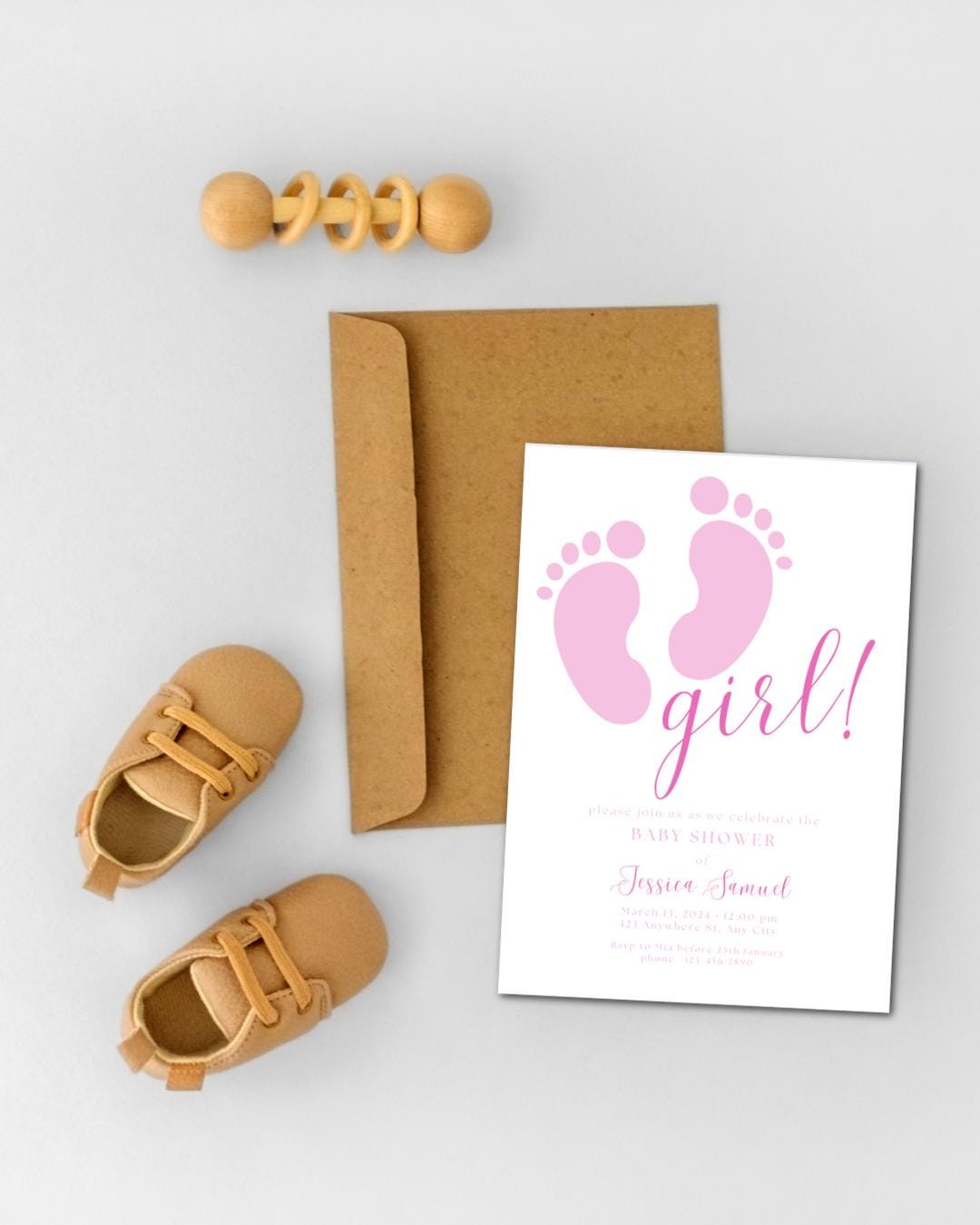 Pink Baby Feet Girl Baby Shower Invitation (Printable Editable Template)