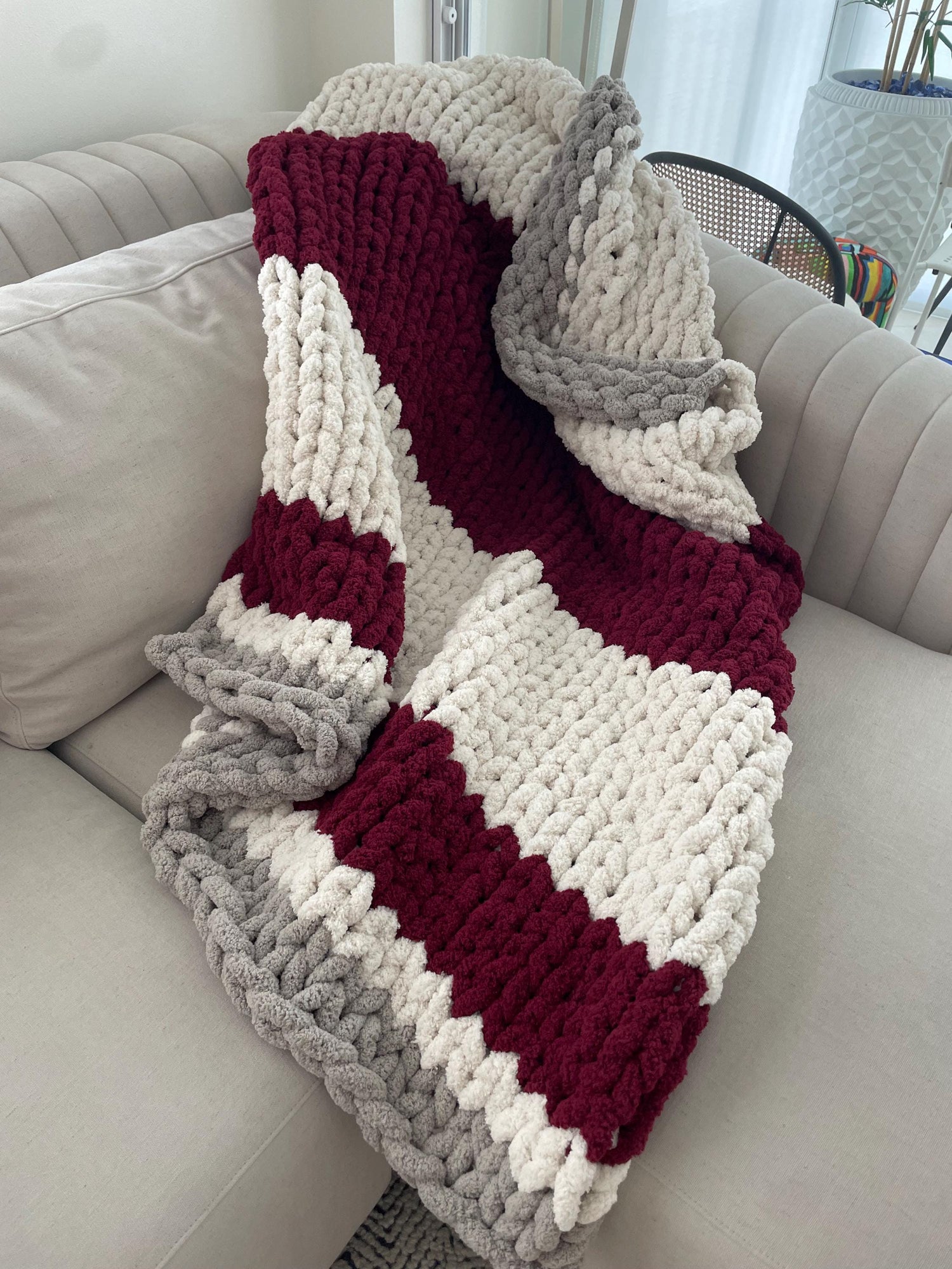 Chunky Chenille Striped Blanket Knitting Pattern: DIY Finger Knit Throw (PDF)