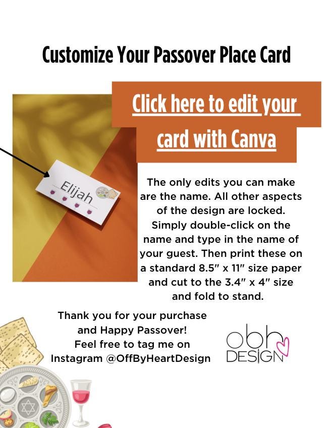 Customizable 4 Cups of Wine Passover Place Cards | Editable Seder Table Name Cards | Instant Download | Canva Template for Pe