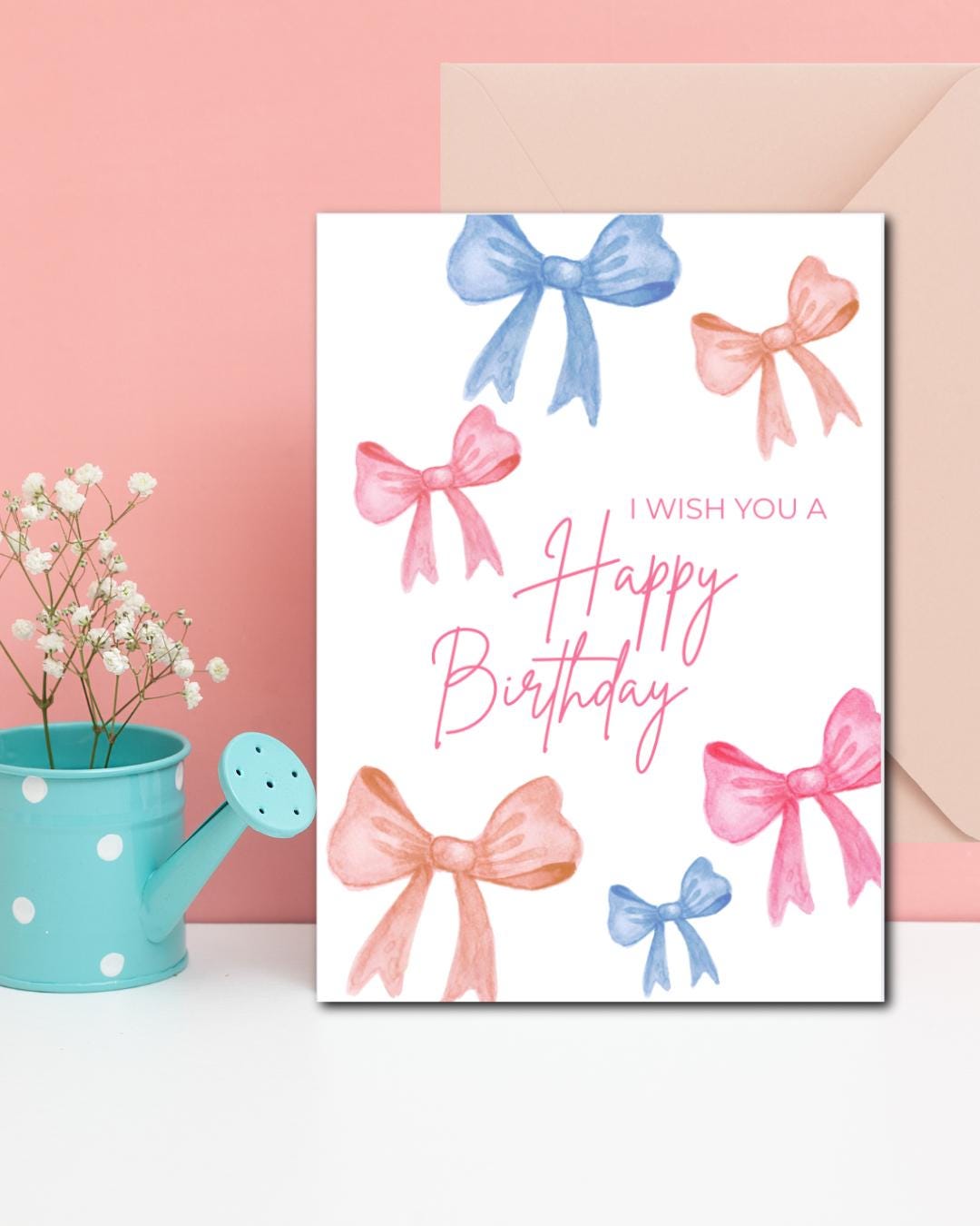 Watercolor Bow Birthday Card: Pink & Blue Printable (Digital Download)