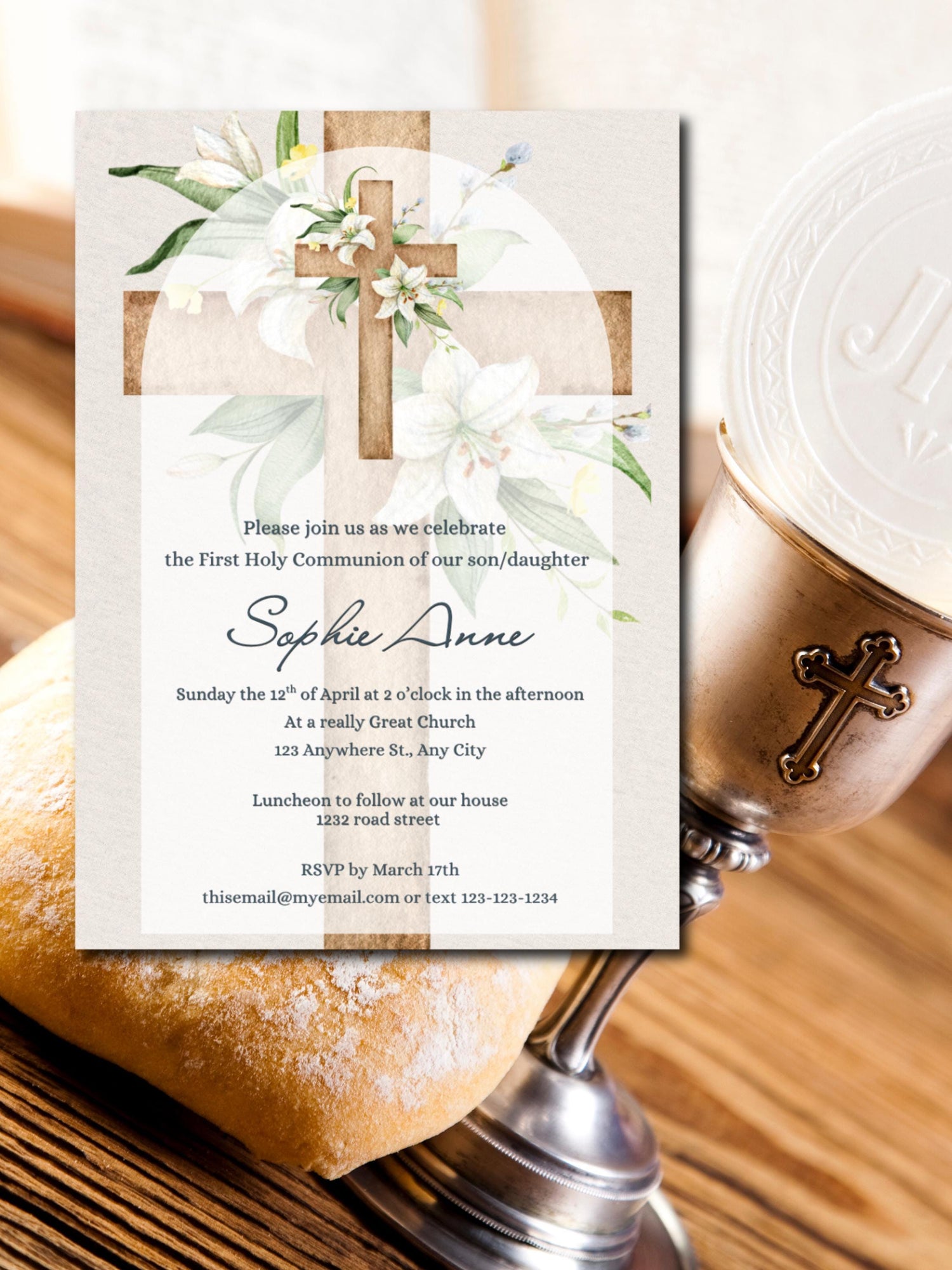 Customizable First Communion Invitation for Girl or Boy | Editable 5x7 Printable Card | Elegant Floral Cross Design | Digital
