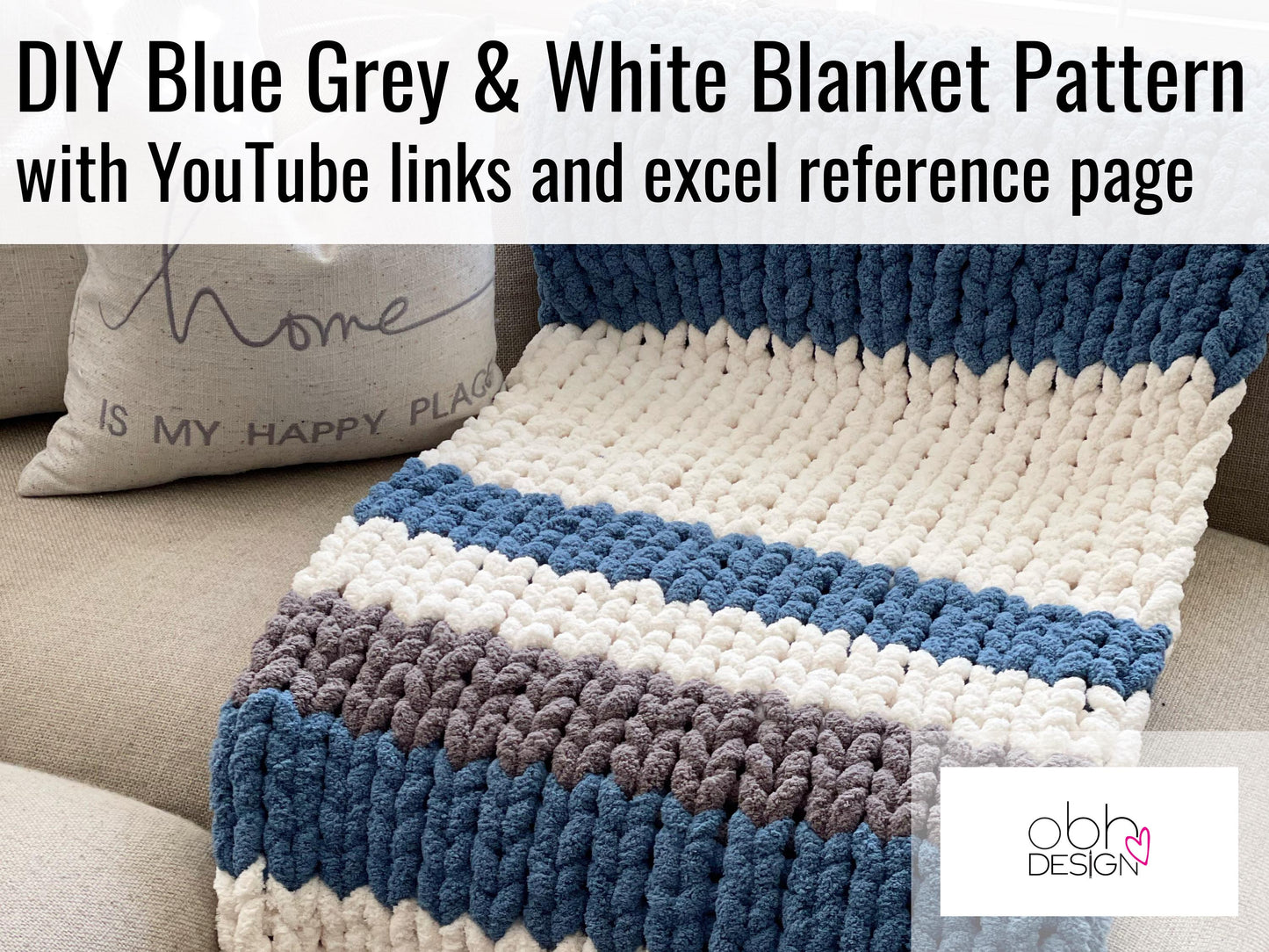 Chunky Chenille Blanket Finger Knitting Pattern: Blue, Grey, White Stripes (PDF Pattern)