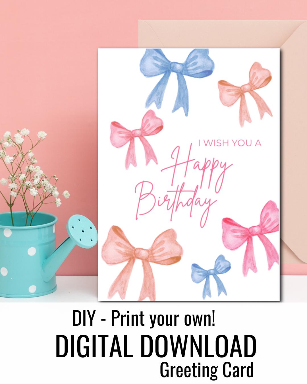 Watercolor Bow Birthday Card: Pink & Blue Printable (Digital Download)