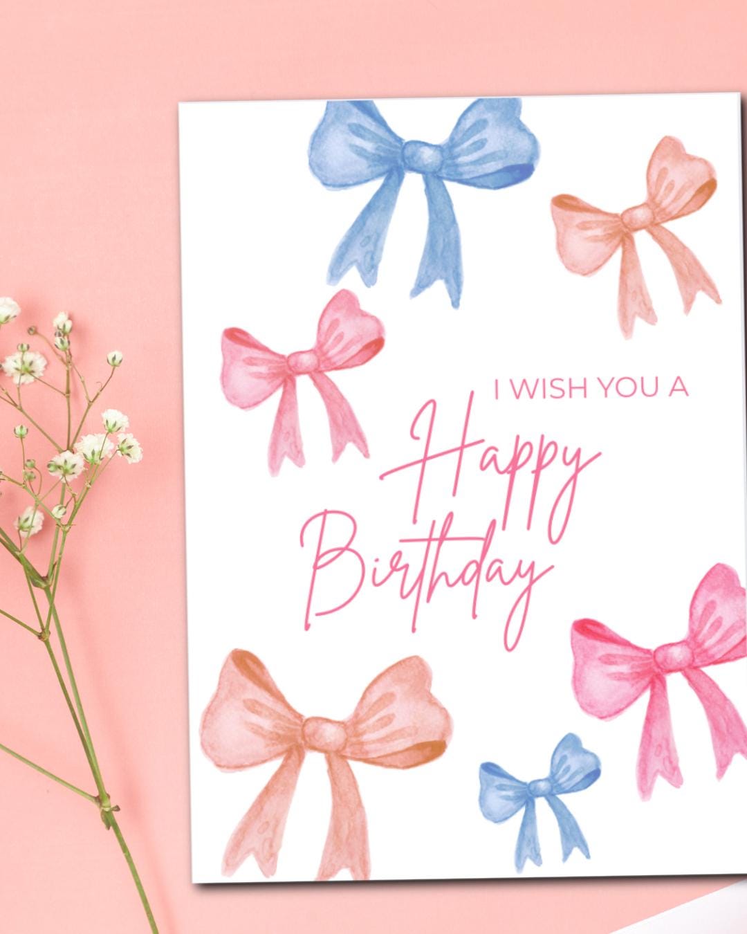Watercolor Bow Birthday Card: Pink & Blue Printable (Digital Download)