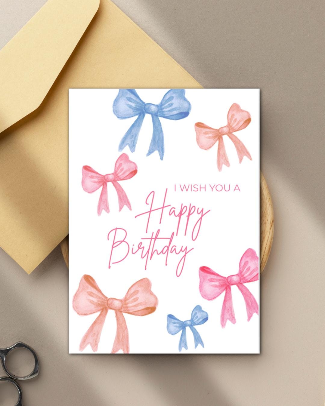 Watercolor Bow Birthday Card: Pink & Blue Printable (Digital Download)
