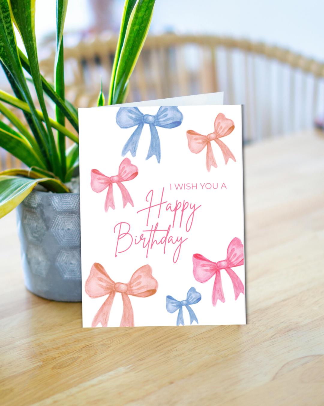 Watercolor Bow Birthday Card: Pink & Blue Printable (Digital Download)