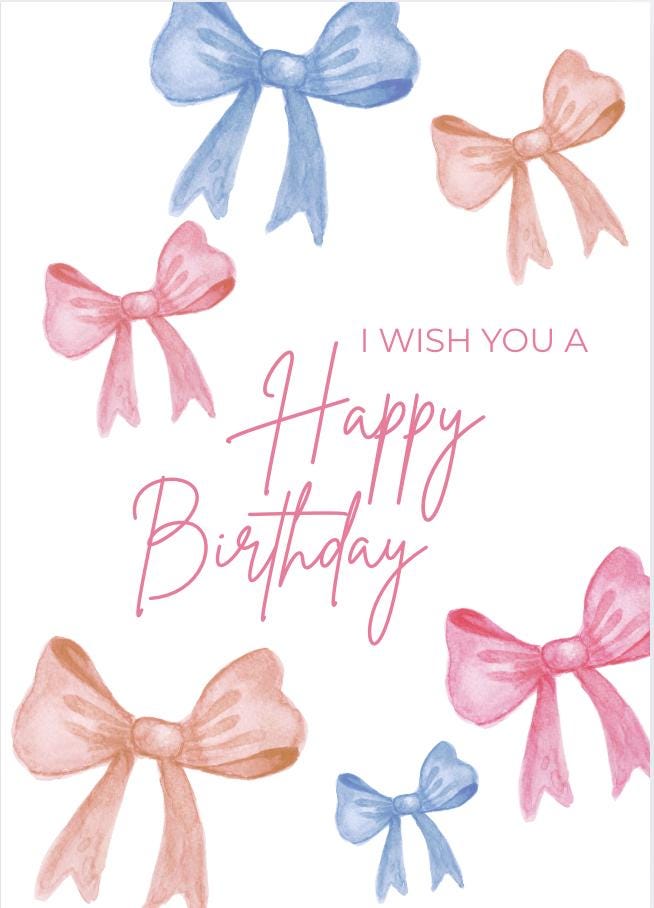 Watercolor Bow Birthday Card: Pink & Blue Printable (Digital Download)