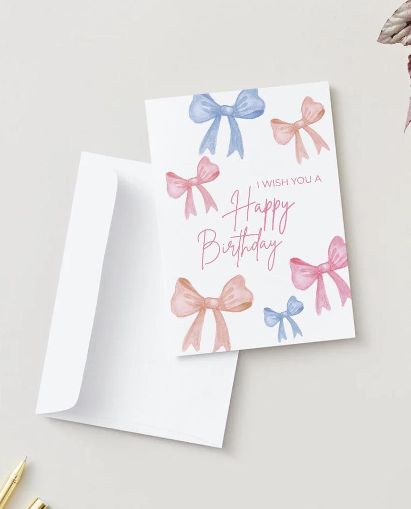 Watercolor Bow Birthday Card: Pink & Blue Printable (Digital Download)