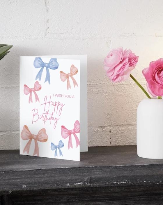 Watercolor Bow Birthday Card: Pink & Blue Printable (Digital Download)
