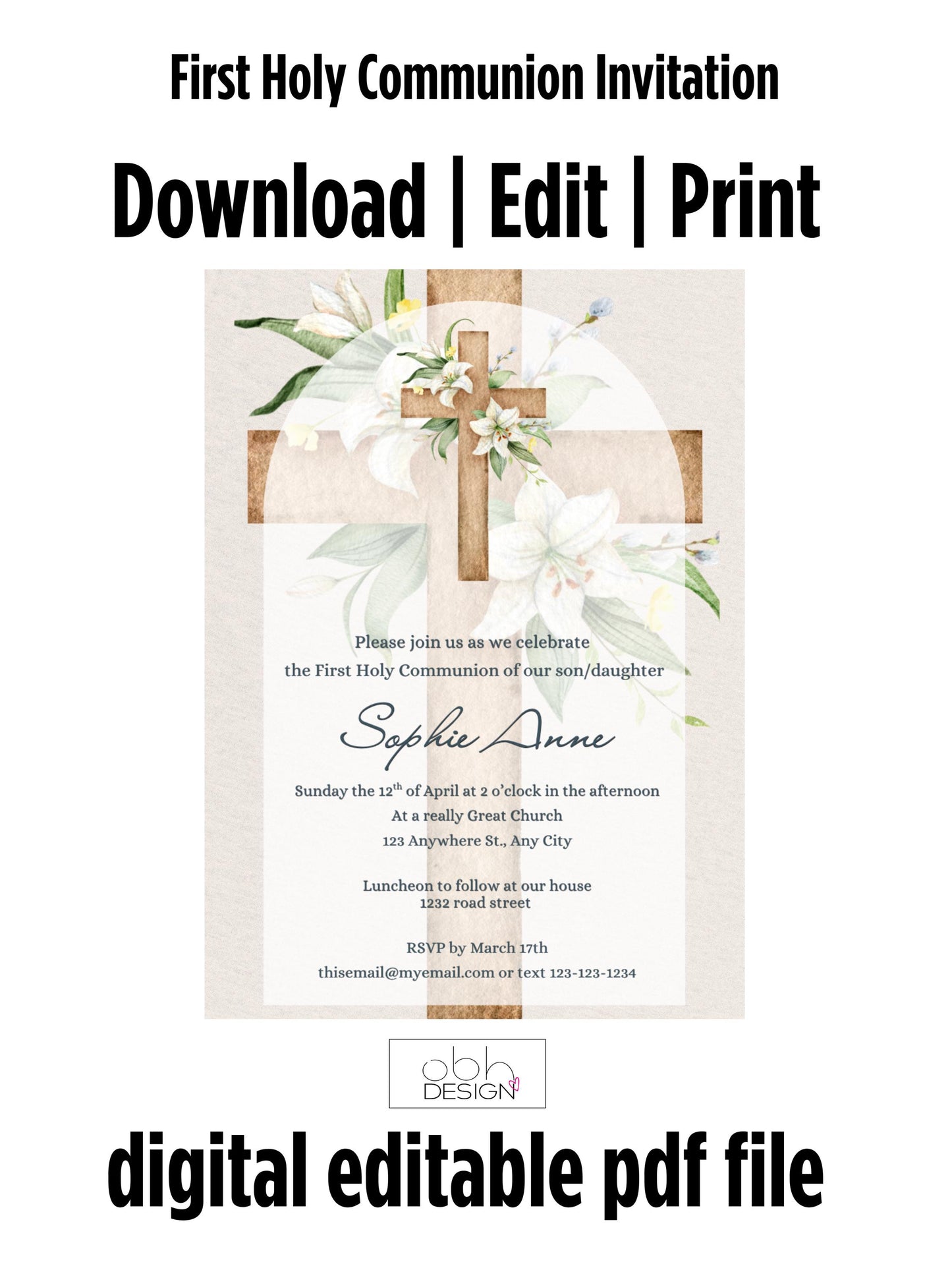 Customizable First Communion Invitation for Girl or Boy | Editable 5x7 Printable Card | Elegant Floral Cross Design | Digital