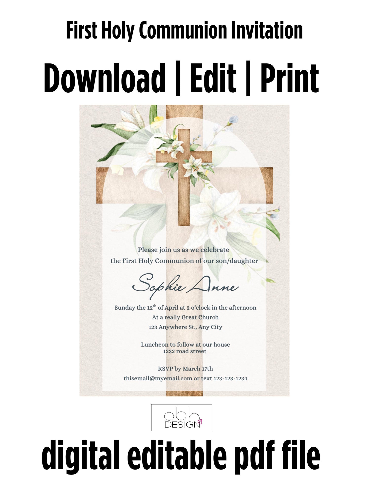 Customizable First Communion Invitation for Girl or Boy | Editable 5x7 Printable Card | Elegant Floral Cross Design | Digital