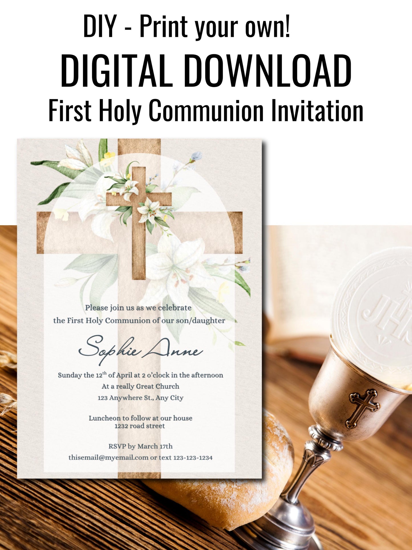 Customizable First Communion Invitation for Girl or Boy | Editable 5x7 Printable Card | Elegant Floral Cross Design | Digital