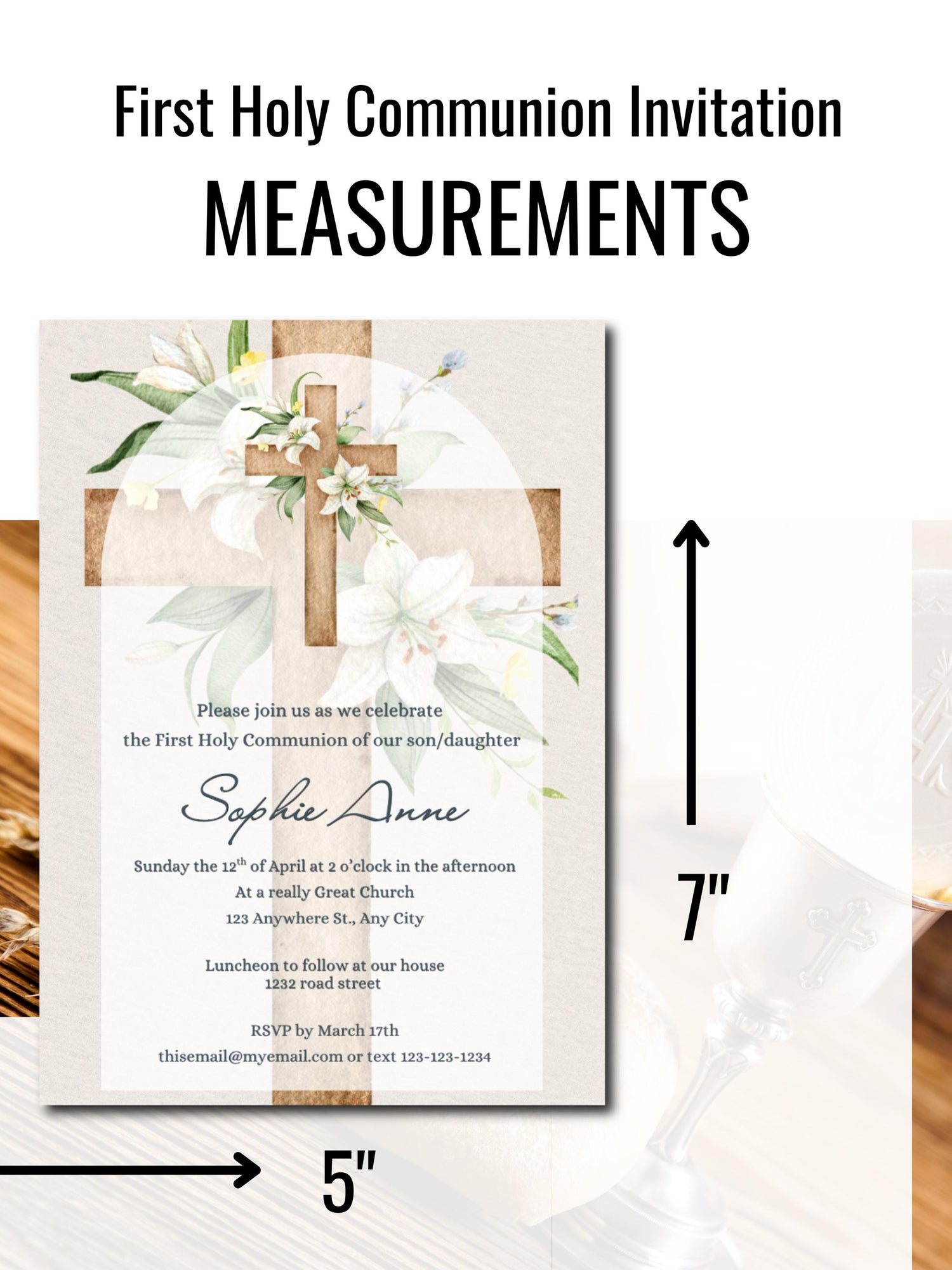 Customizable First Communion Invitation for Girl or Boy | Editable 5x7 Printable Card | Elegant Floral Cross Design | Digital