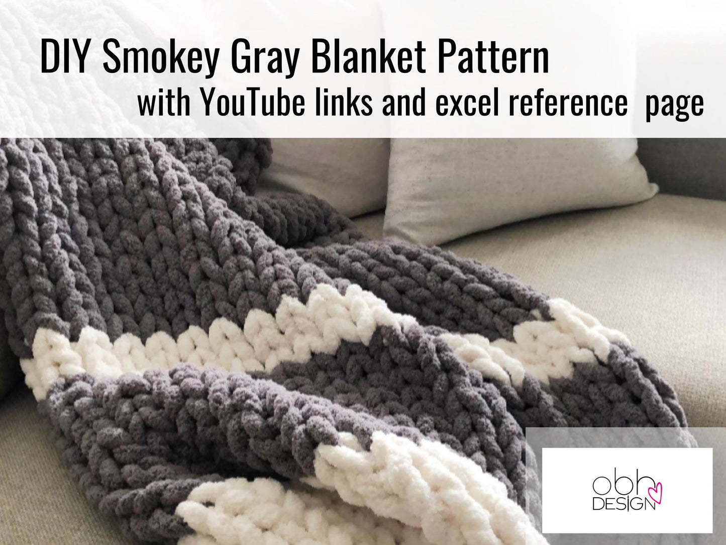 HANDKNIT PATTERN ~ Stormy Gray Stripe Blanket ~ Chunky Chenille ~ Off By Heart Design ~ DIY