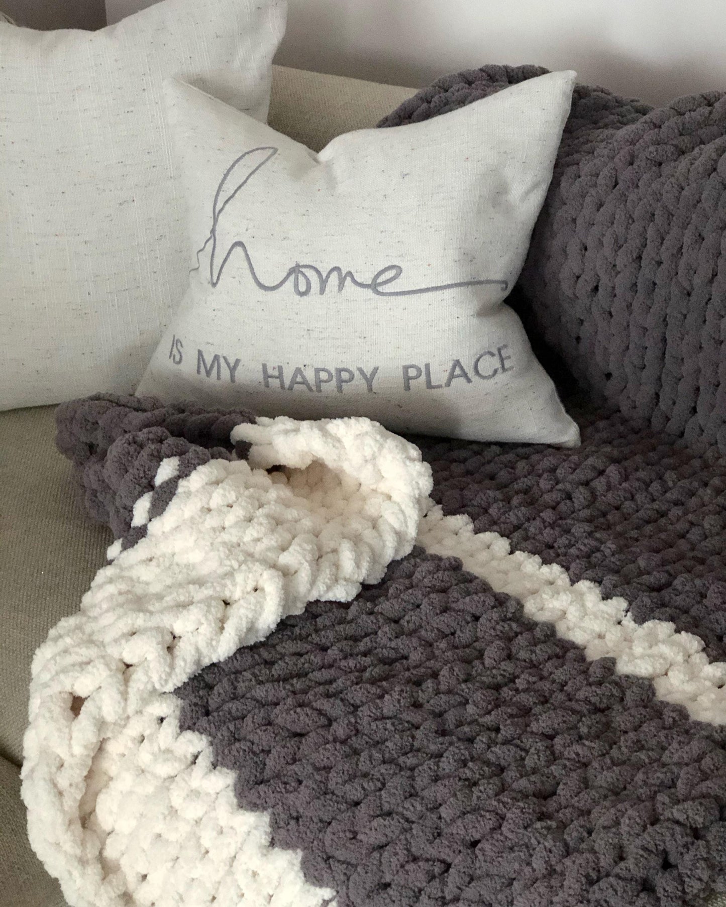HANDKNIT PATTERN ~ Stormy Gray Stripe Blanket ~ Chunky Chenille ~ Off By Heart Design ~ DIY