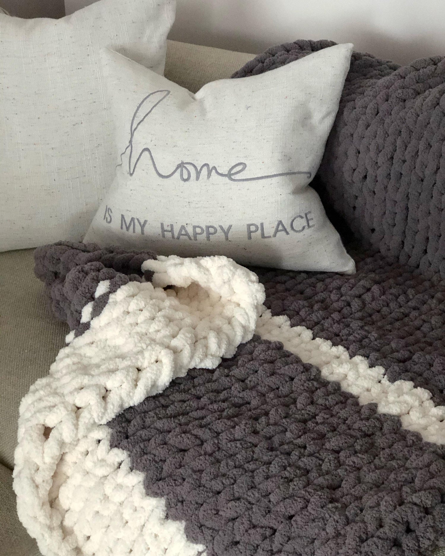 HANDKNIT PATTERN ~ Stormy Gray Stripe Blanket ~ Chunky Chenille ~ Off By Heart Design ~ DIY