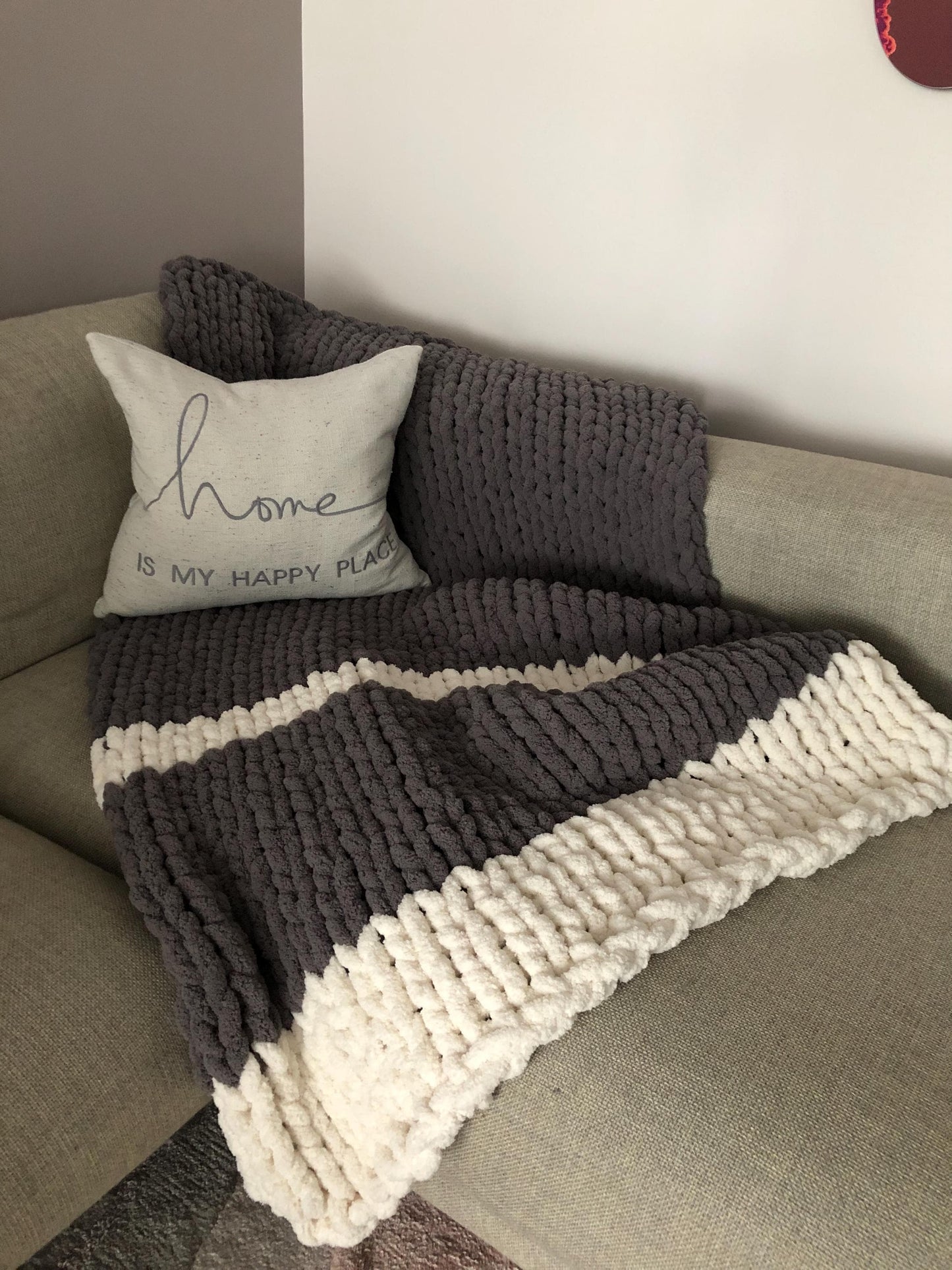 HANDKNIT PATTERN ~ Stormy Gray Stripe Blanket ~ Chunky Chenille ~ Off By Heart Design ~ DIY