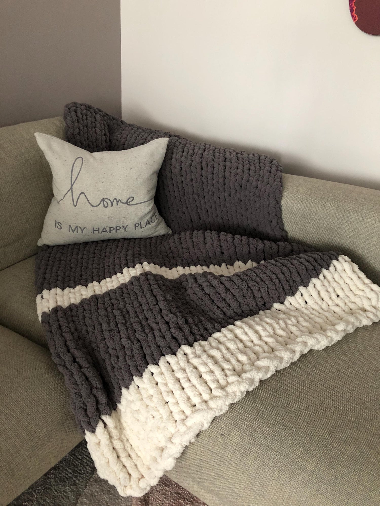 HANDKNIT PATTERN ~ Stormy Gray Stripe Blanket ~ Chunky Chenille ~ Off By Heart Design ~ DIY
