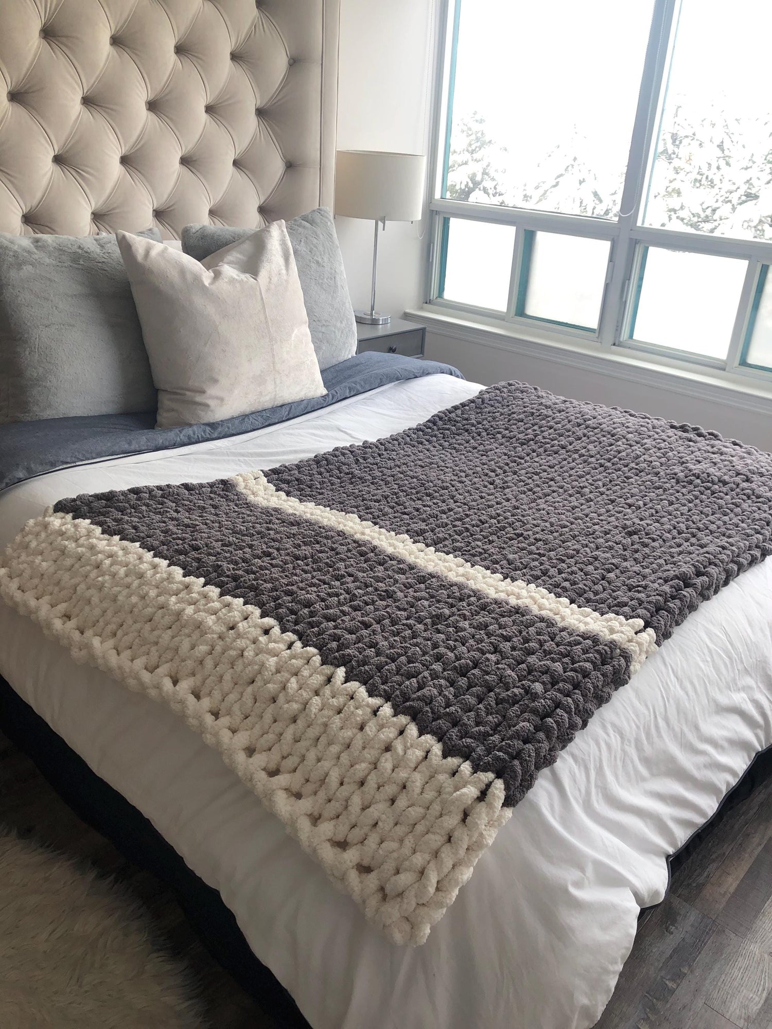 HANDKNIT PATTERN ~ Stormy Gray Stripe Blanket ~ Chunky Chenille ~ Off By Heart Design ~ DIY
