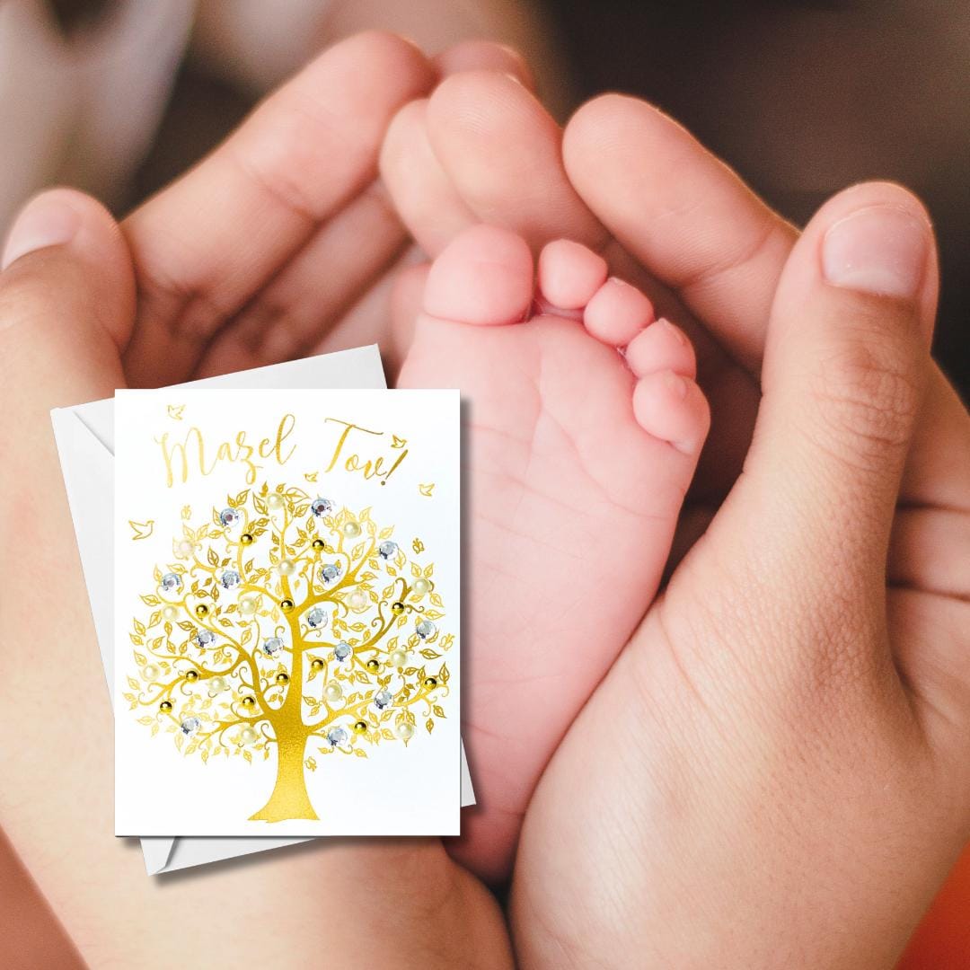 Handmade Mazel Tov Tree of Life Card: Gold Sparkle Jewish Gift