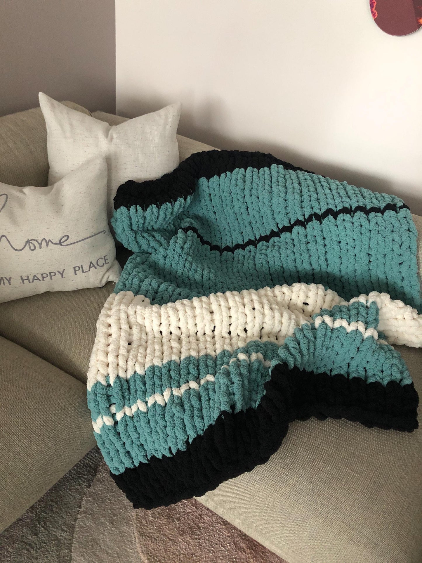 HANDKNIT PATTERN ~ Teal, White and Black ~ Chunky Chenille ~ Off By Heart Design ~ DIY