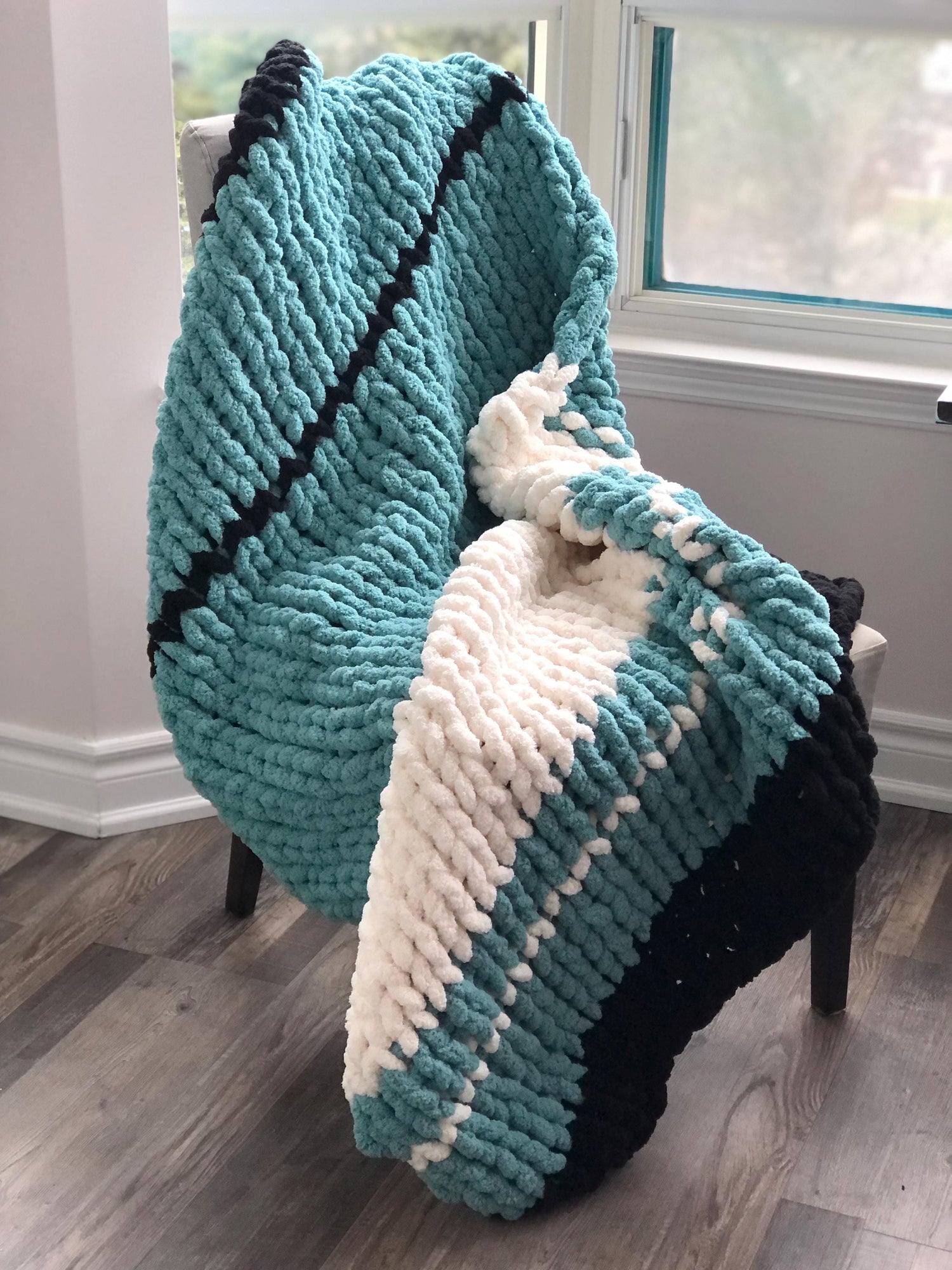 HANDKNIT PATTERN ~ Teal, White and Black ~ Chunky Chenille ~ Off By Heart Design ~ DIY