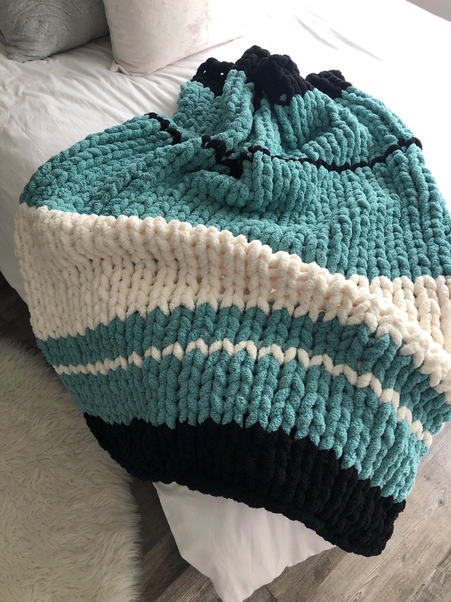 HANDKNIT PATTERN ~ Teal, White and Black ~ Chunky Chenille ~ Off By Heart Design ~ DIY