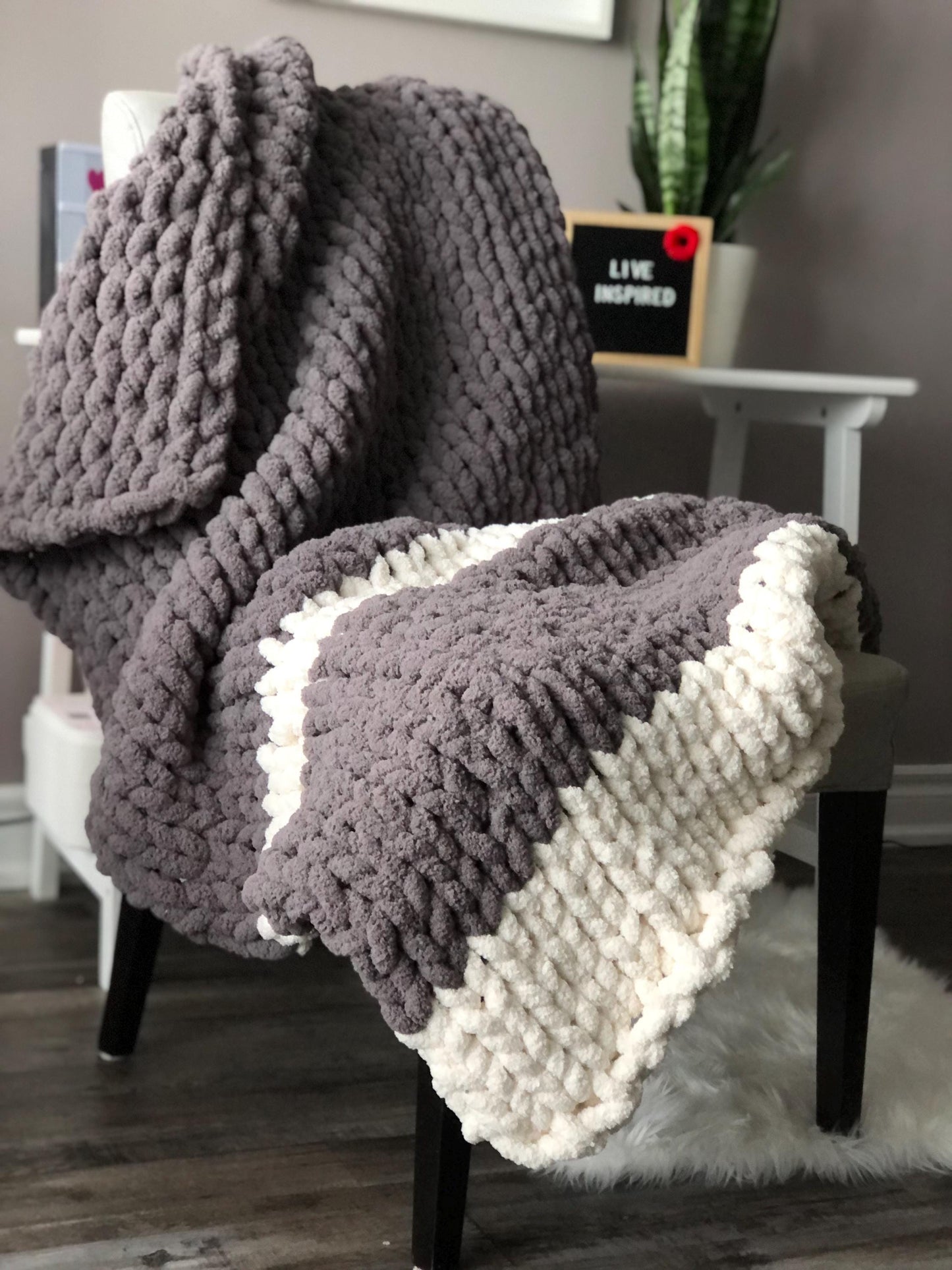 HANDKNIT PATTERN ~ Stormy Gray Stripe Blanket ~ Chunky Chenille ~ Off By Heart Design ~ DIY