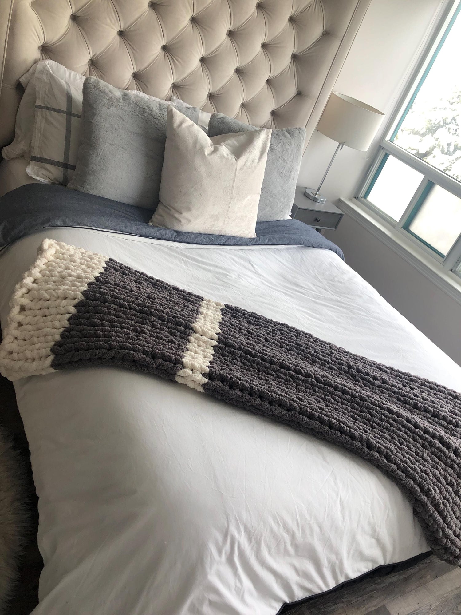 HANDKNIT PATTERN ~ Stormy Gray Stripe Blanket ~ Chunky Chenille ~ Off By Heart Design ~ DIY