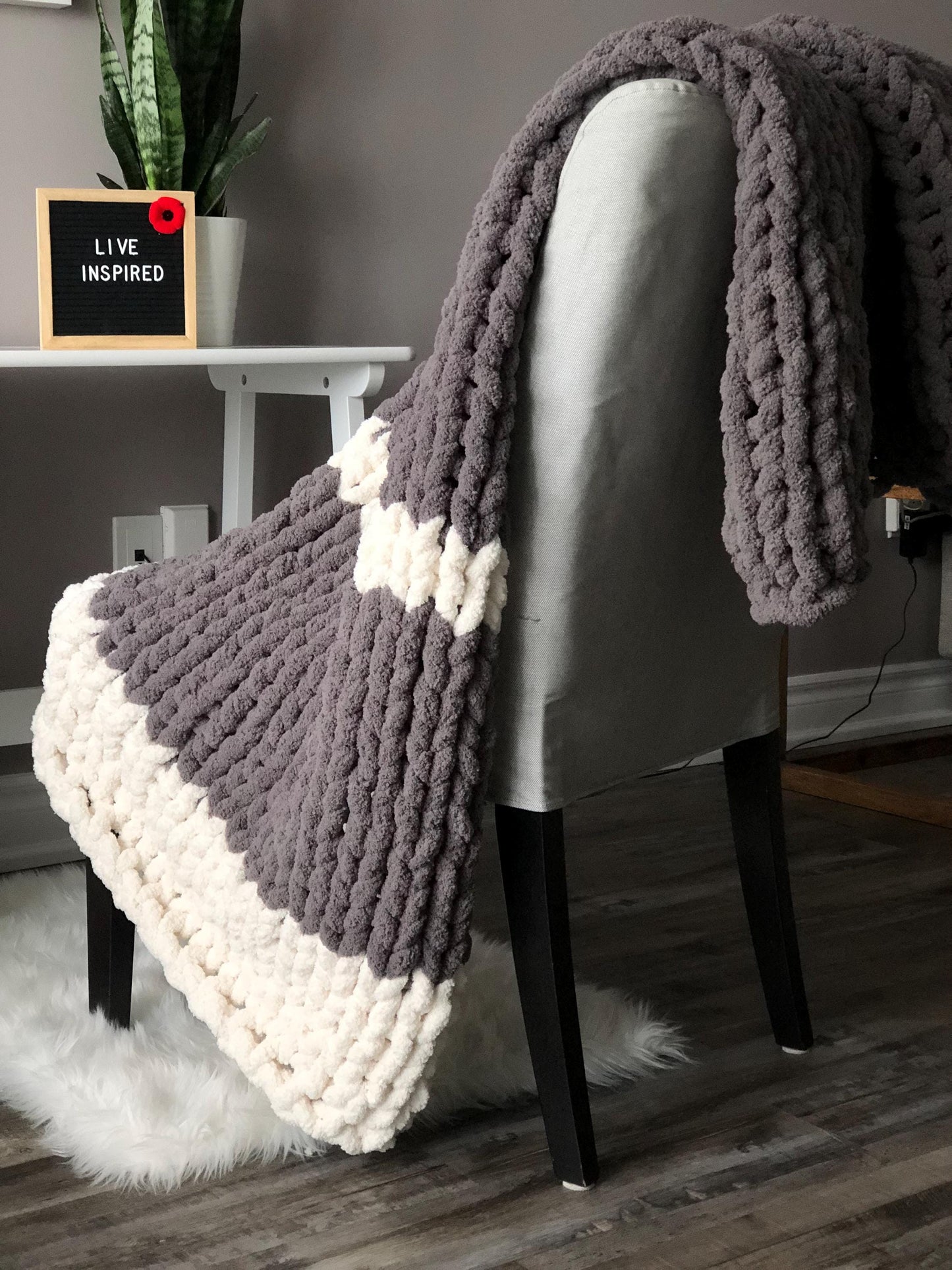 HANDKNIT PATTERN ~ Stormy Gray Stripe Blanket ~ Chunky Chenille ~ Off By Heart Design ~ DIY
