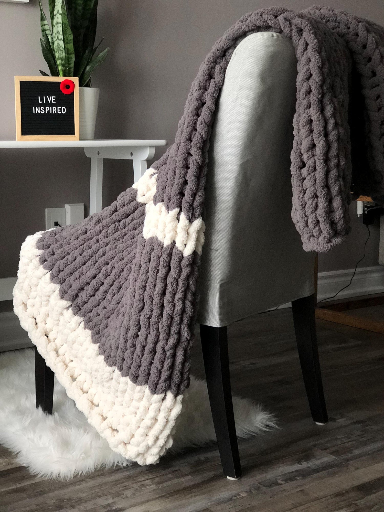 HANDKNIT PATTERN ~ Stormy Gray Stripe Blanket ~ Chunky Chenille ~ Off By Heart Design ~ DIY