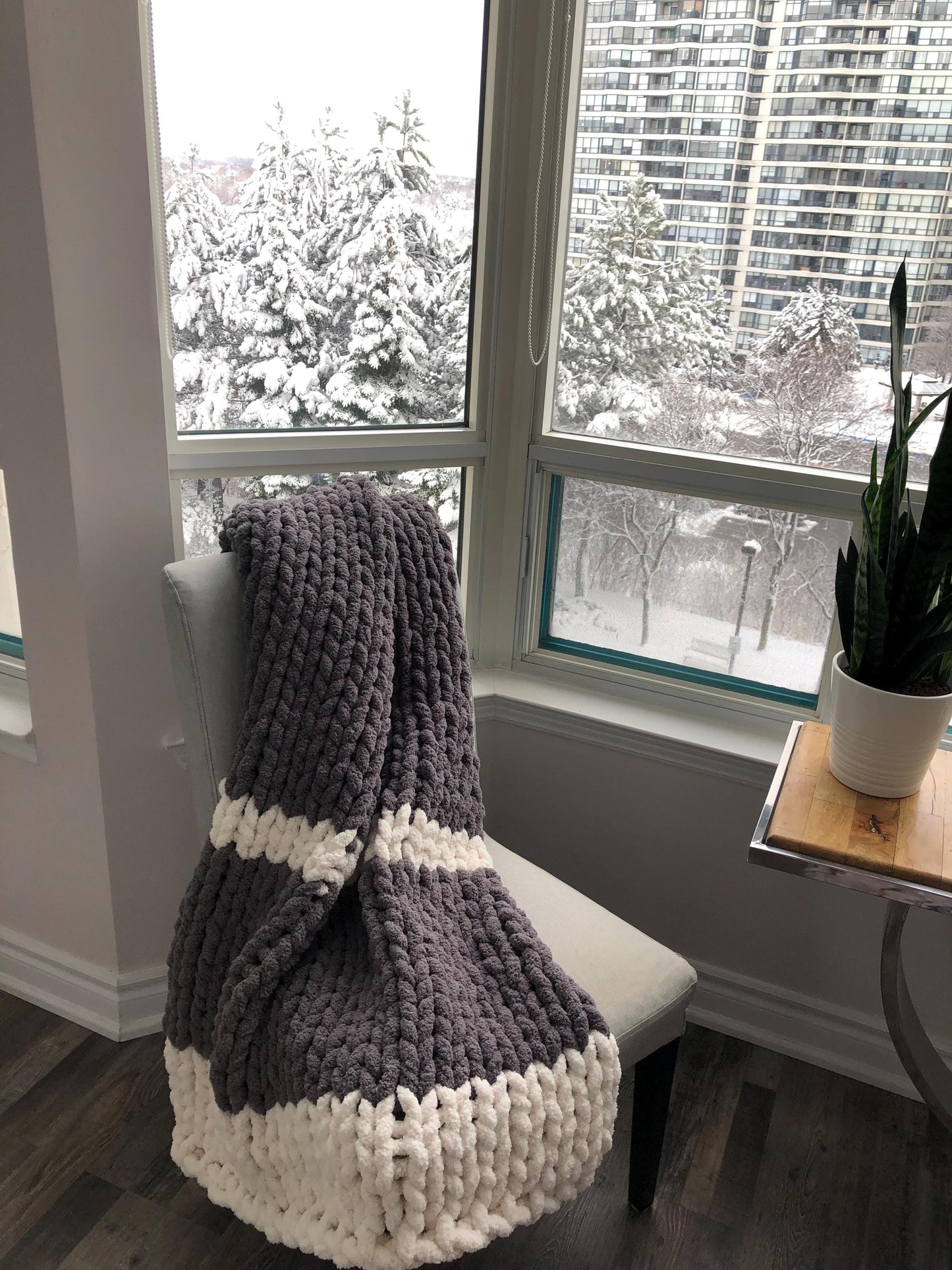 HANDKNIT PATTERN ~ Stormy Gray Stripe Blanket ~ Chunky Chenille ~ Off By Heart Design ~ DIY