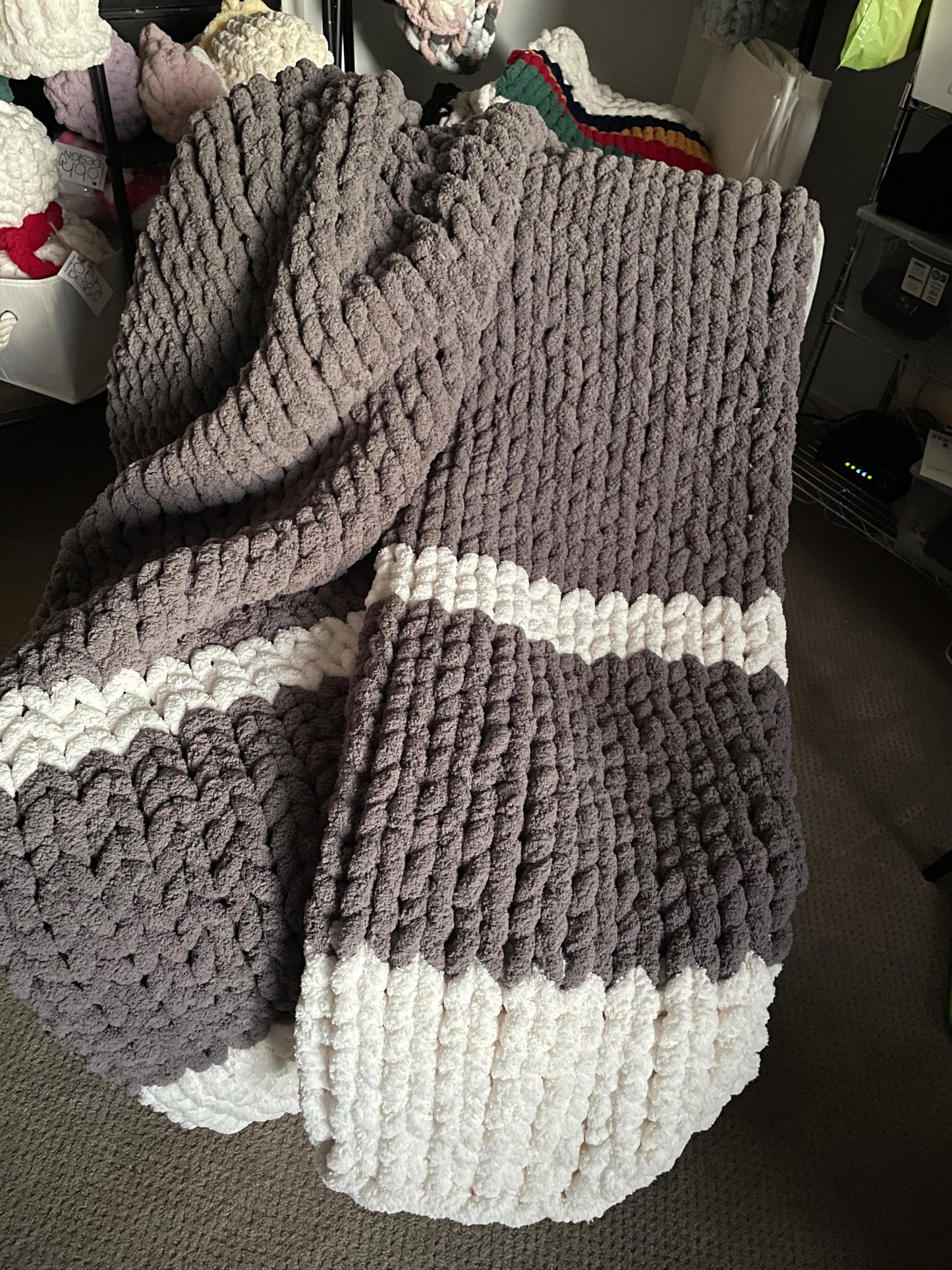 HANDKNIT PATTERN ~ Stormy Gray Stripe Blanket ~ Chunky Chenille ~ Off By Heart Design ~ DIY