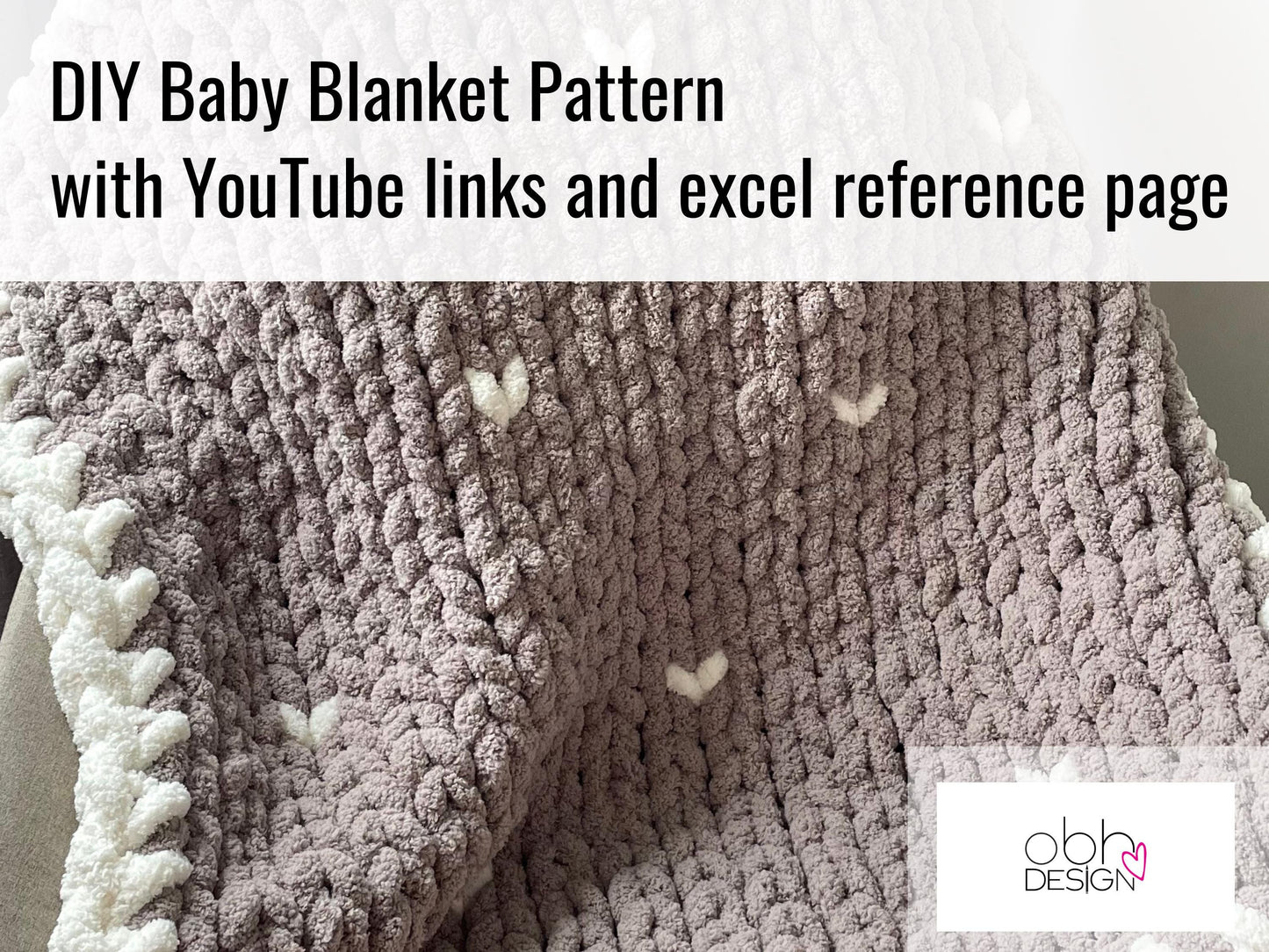 Chunky Chenille Baby Blanket Finger Knitting Pattern | Taupe Grey Hearts (PDF Download)   36" x 35" and 40" x 60" Graphs incl