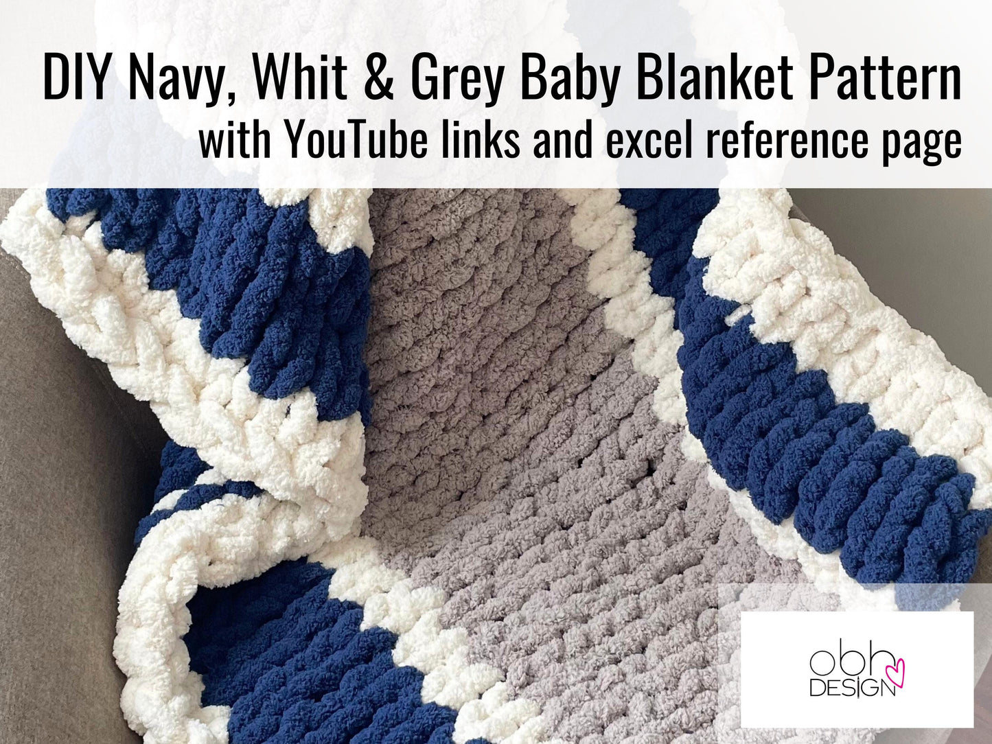 Chunky Chenille Baby Blanket Finger Knitting Pattern: Navy, White, Grey Stripes (PDF Pattern)