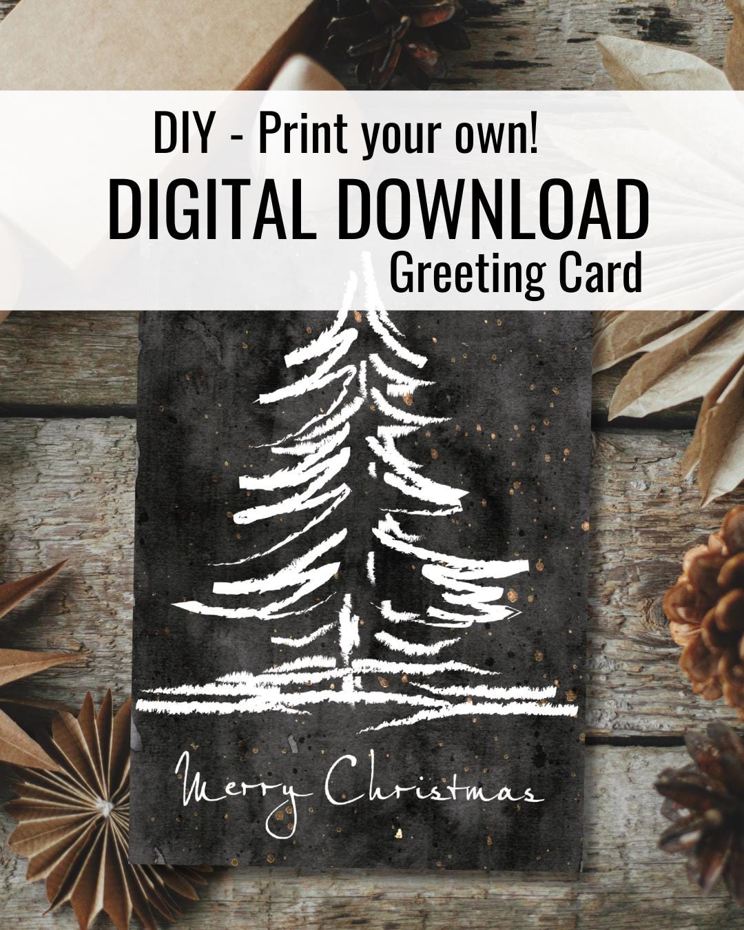 Minimalist Black Christmas Tree Card – Gothic Holiday PDF (5x7)