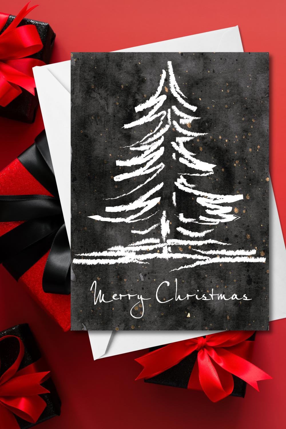 Minimalist Black Christmas Tree Card – Gothic Holiday PDF (5x7)