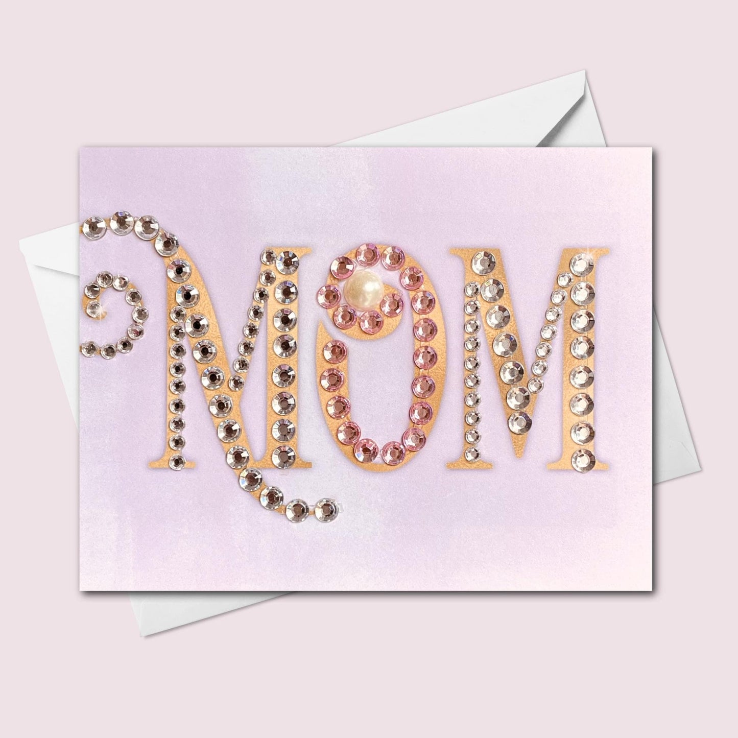 Hand-Embellished Mom Card, Luxury Rhinestone Pearl Greeting, Elegant Pink Mother's Day