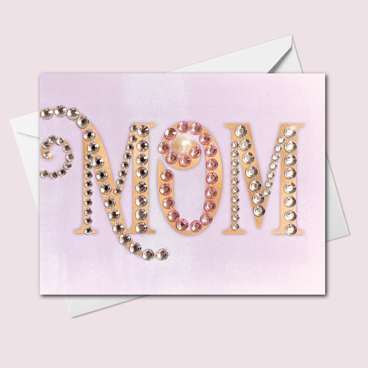 Hand-Embellished Mom Card, Luxury Rhinestone Pearl Greeting, Elegant Pink Mother's Day