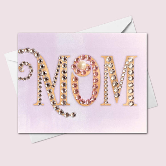 Hand-Embellished Mom Card, Luxury Rhinestone Pearl Greeting, Elegant Pink Mother's Day