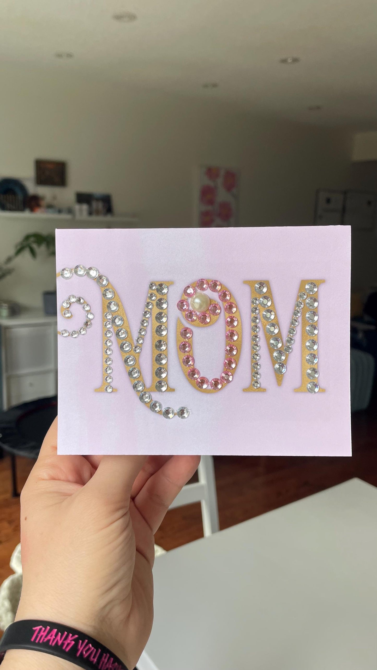 Hand-Embellished Mom Card, Luxury Rhinestone Pearl Greeting, Elegant Pink Mother's Day