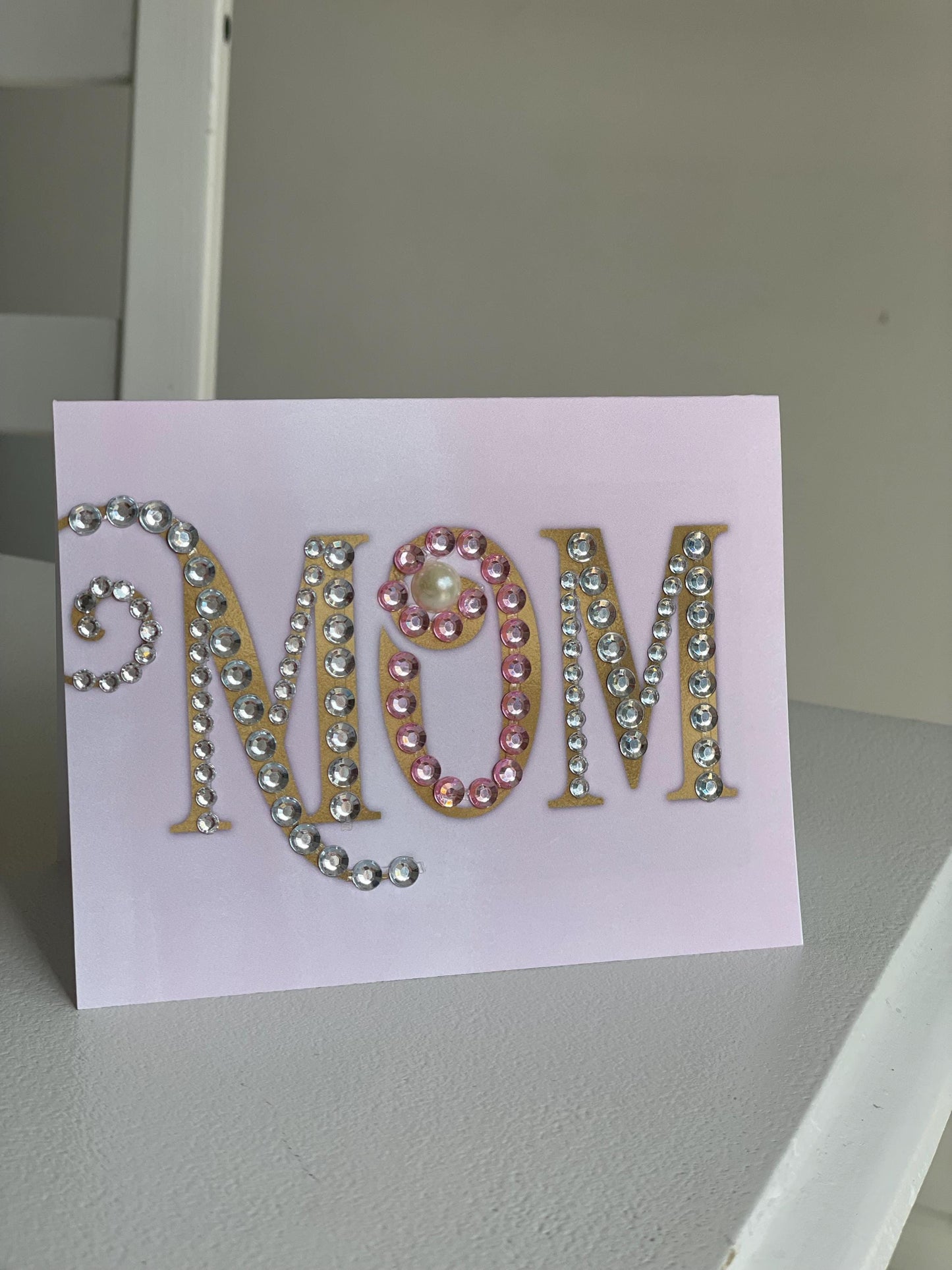 Hand-Embellished Mom Card, Luxury Rhinestone Pearl Greeting, Elegant Pink Mother's Day