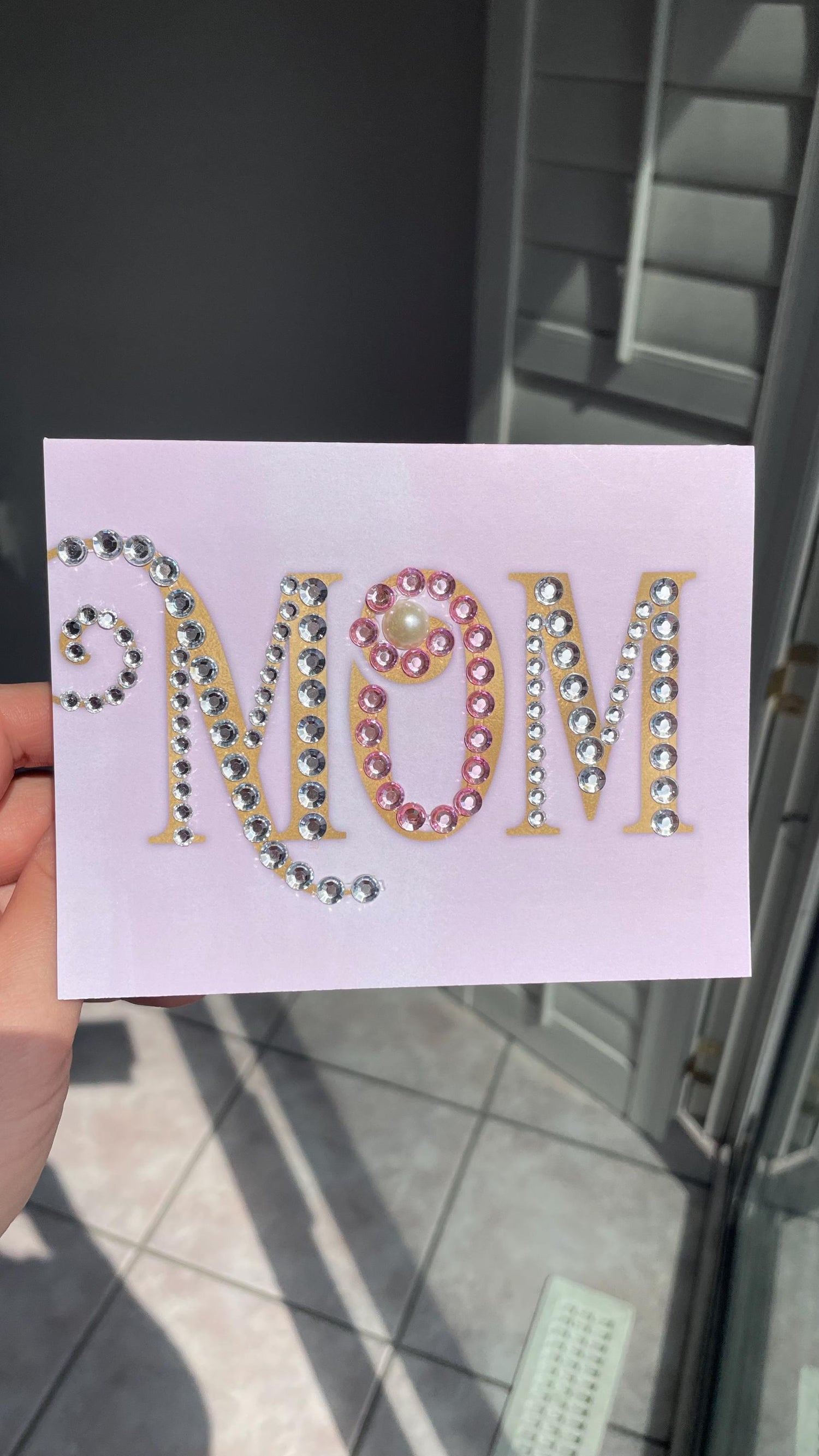 Hand-Embellished Mom Card, Luxury Rhinestone Pearl Greeting, Elegant Pink Mother's Day