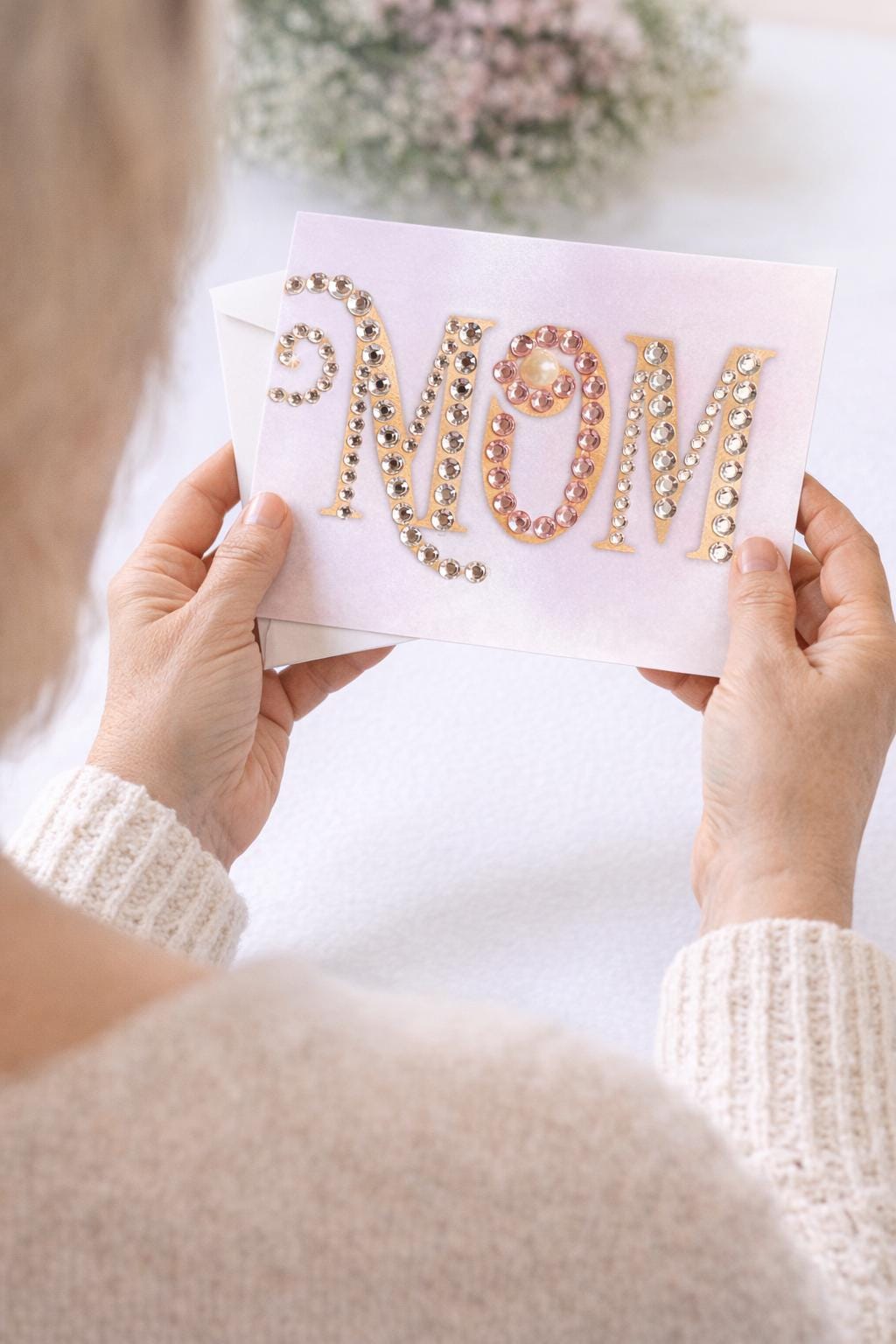 Hand-Embellished Mom Card, Luxury Rhinestone Pearl Greeting, Elegant Pink Mother's Day