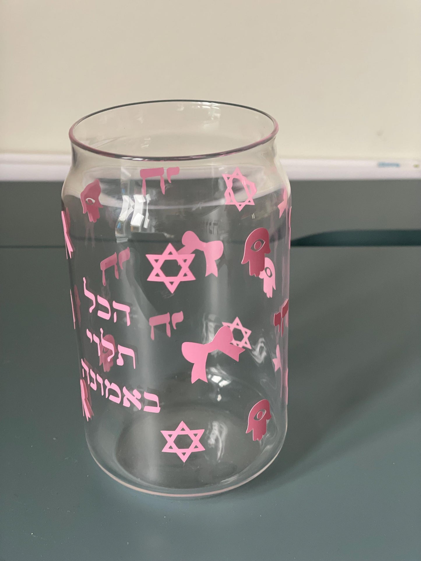 Pink Jewish Glass Can Cup | Hebrew Faith Design, Star of David, Bows